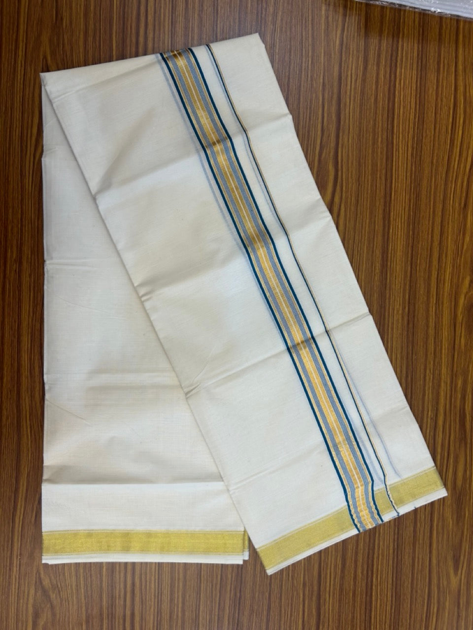 20% Discount! KaithariKada Balaramapuram 100% Cotton Double Off White - (Unbleached) Mundu/Dhoti - 80x80 - 1.5 inch Kasavu & Peacock Blue stripes kara - 4 mtrs - 24 KK5281 GAN