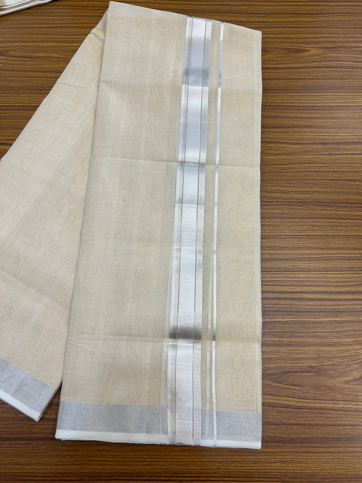 25% Discount ! KaithariKada Handloom Unakkupaav Kerala Handloom - Pure Cotton Off White - (Unbleached) Double Mundu/Dhoti - (100X80) - 1.75 inch Antique Silver Kasav Stipes Light Gold Kasavu Tissue Body 4 mtr (8.5 Muzham) - 34 KK5352 ABH