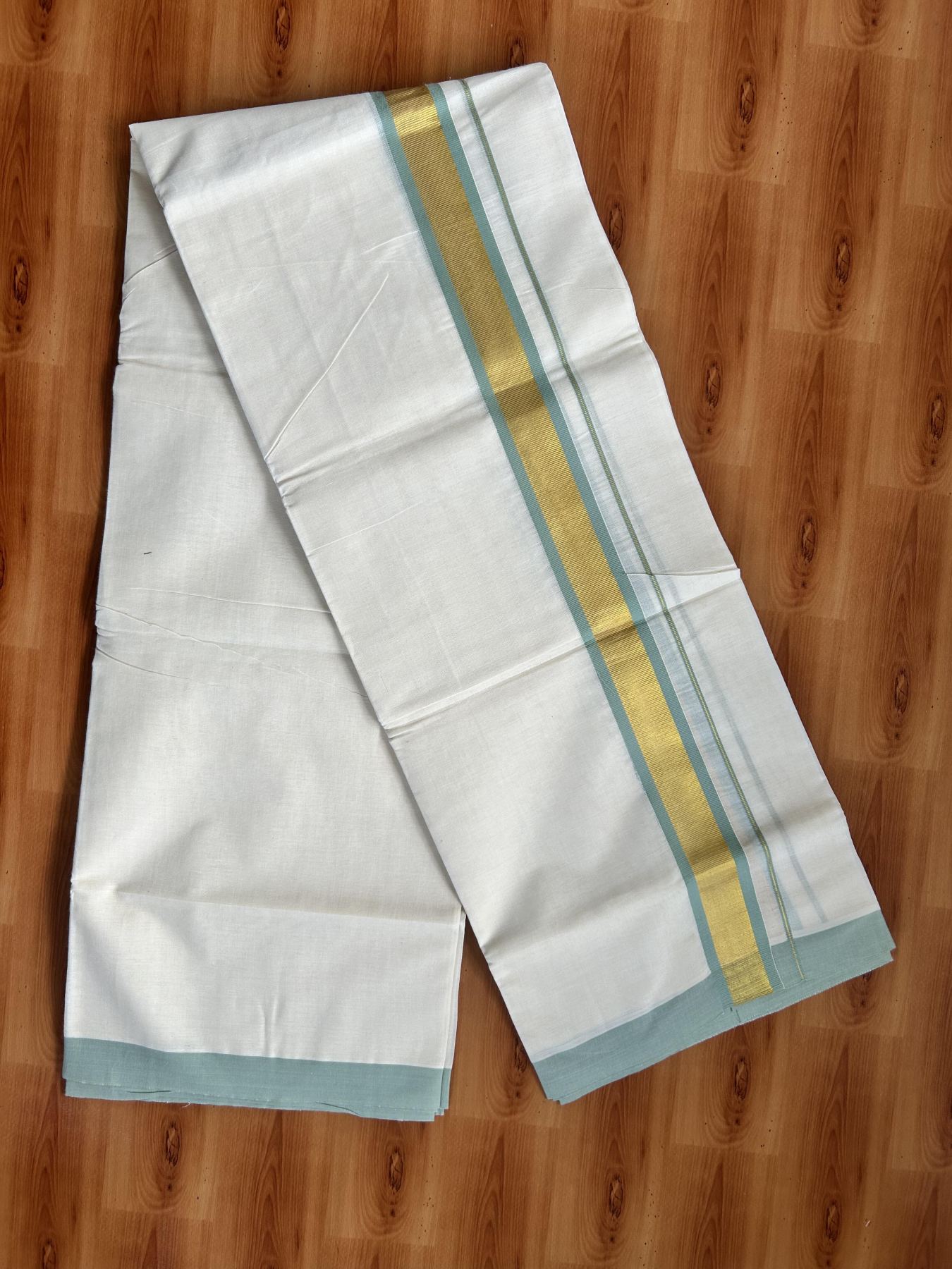Double Off White - (Unbleached) Mundu/Dhoti - 20% Discount! KaithariKada Balaramapuram Pure Cotton - 80s - 1.25 inch Gold Kasav & Mint Green Kara - 4 mtr (8.5 Muzham) - 30 KK5416 GAN