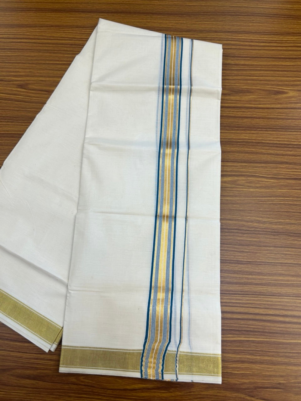 20% Discount! KaithariKada Balaramapuram 100% Cotton Double Off White - (Unbleached) Mundu/Dhoti - 80x80 - 1.5 inch Kasavu & Peacock Blue stripes kara - 4 mtrs - 24 KK5281 GAN
