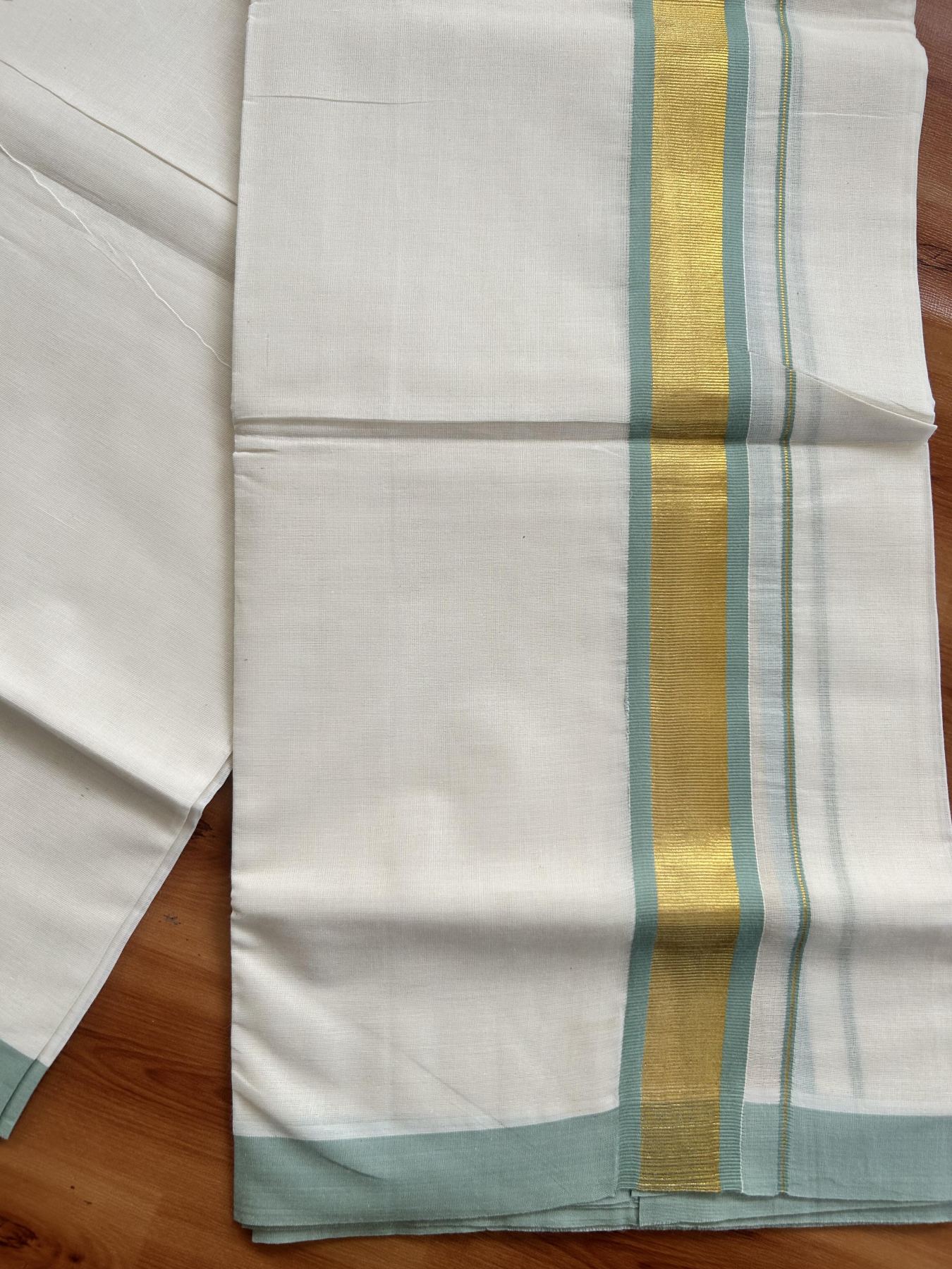 Double Off White - (Unbleached) Mundu/Dhoti - 20% Discount! KaithariKada Balaramapuram Pure Cotton - 80s - 1.25 inch Gold Kasav & Mint Green Kara - 4 mtr (8.5 Muzham) - 30 KK5416 GAN