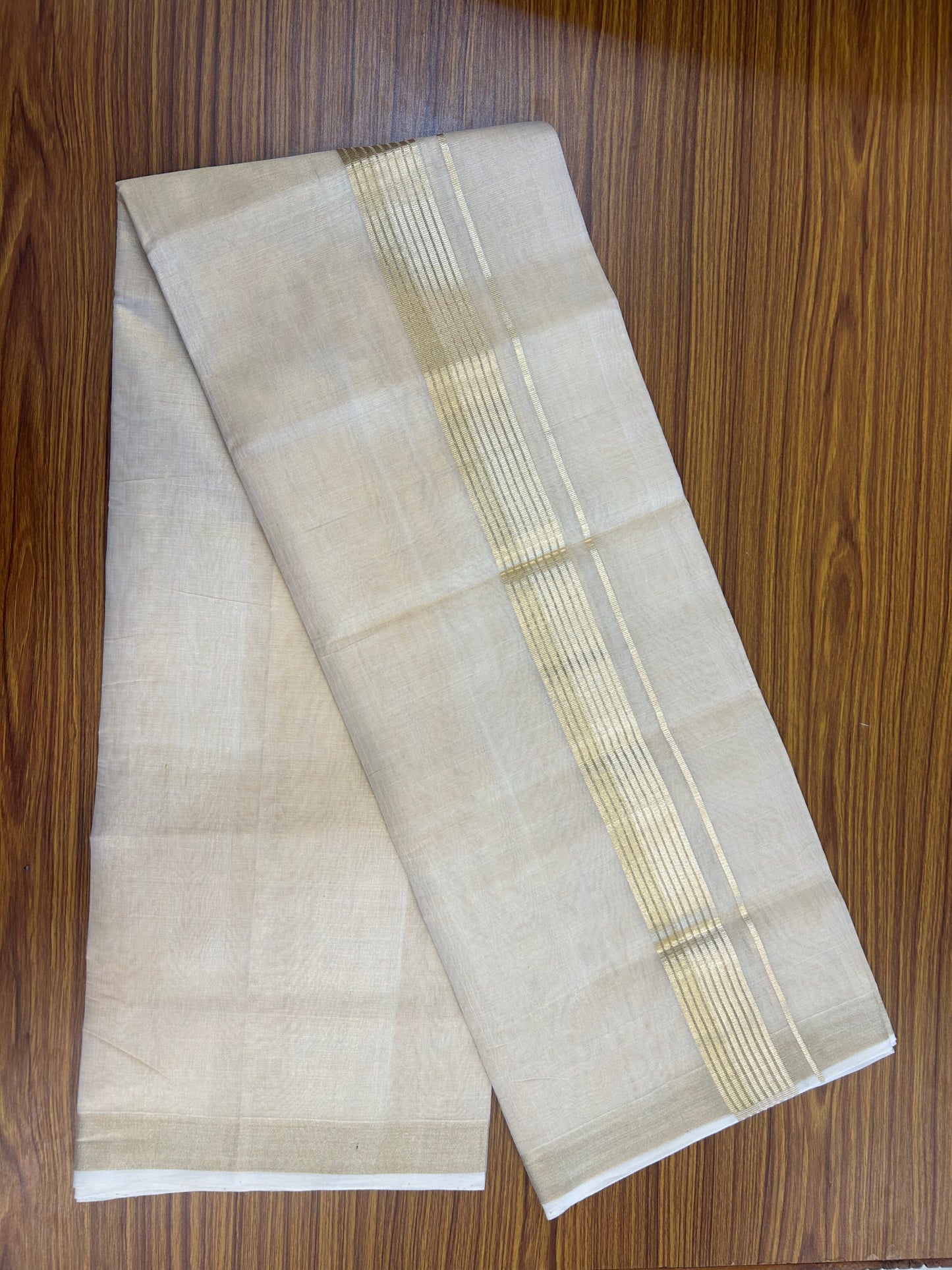 25% Discount ! KaithariKada Handloom Unakkupaav Kerala Handloom - Pure Cotton Off White - (Unbleached) Double Mundu/Dhoti - (100X80) - 1.75 inch Stipes Light Gold Kasavu Tissue Body 4 mtr (8.5 Muzham) - 33 KK5352 ABH