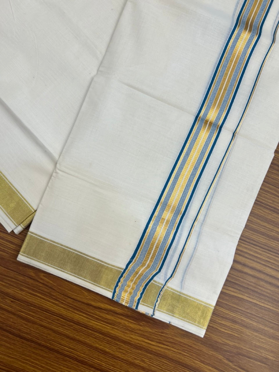20% Discount! KaithariKada Balaramapuram 100% Cotton Double Off White - (Unbleached) Mundu/Dhoti - 80x80 - 1.5 inch Kasavu & Peacock Blue stripes kara - 4 mtrs - 24 KK5281 GAN