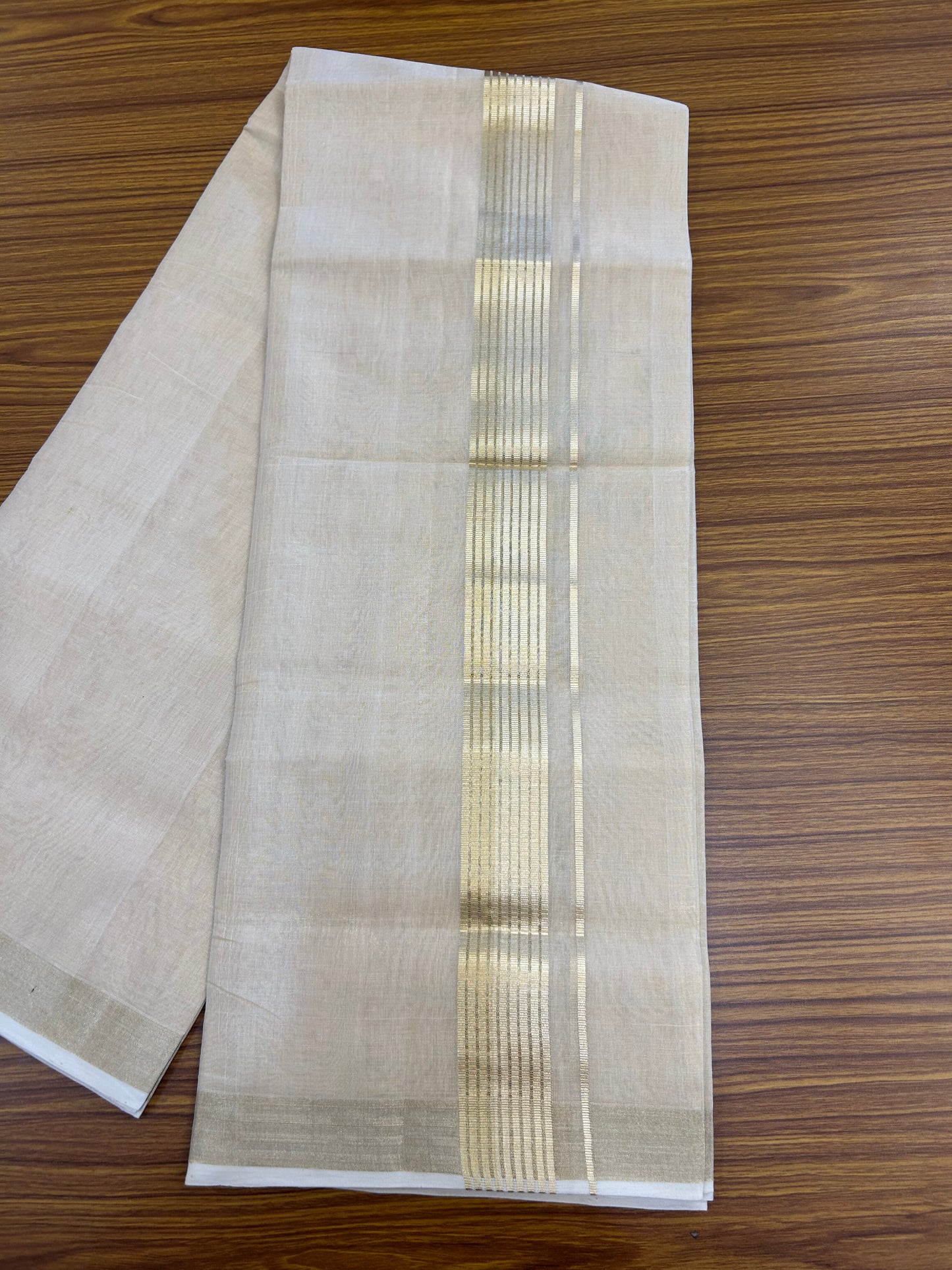 25% Discount ! KaithariKada Handloom Unakkupaav Kerala Handloom - Pure Cotton Off White - (Unbleached) Double Mundu/Dhoti - (100X80) - 1.75 inch Stipes Light Gold Kasavu Tissue Body 4 mtr (8.5 Muzham) - 33 KK5352 ABH