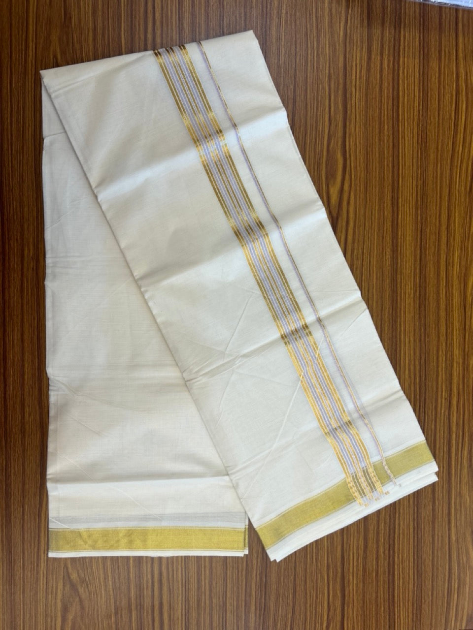 20% Discount! KaithariKada Balaramapuram 100% Cotton Double Off White - (Unbleached) Mundu/Dhoti - 80x80 - 1.5 inch Kasavu & Rose Pink kasavu stripes kara - 4 mtrs - 30 KK5281 GAN