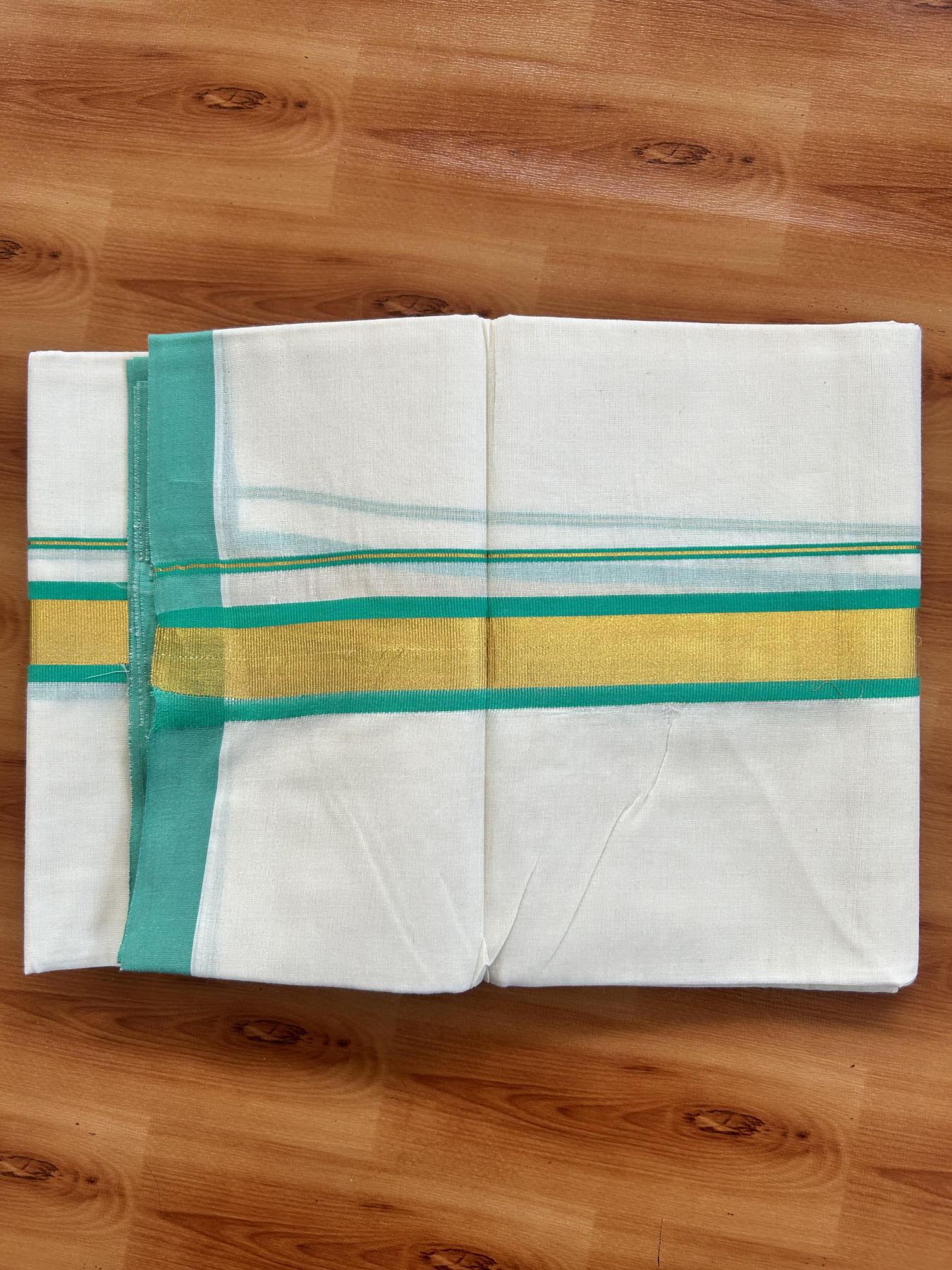 Double Off White - (Unbleached) Mundu/Dhoti - 20% Discount! KaithariKada Balaramapuram Pure Cotton - 80s - 1.25 inch Gold Kasav & Spring Green Kara - 4 mtr (8.5 Muzham) - 31 KK5416 GAN
