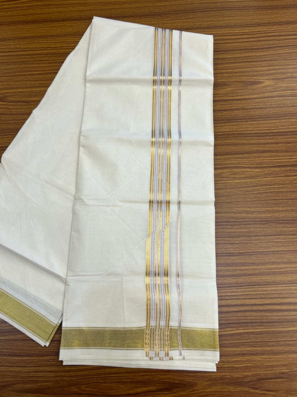 20% Discount! KaithariKada Balaramapuram 100% Cotton Double Off White - (Unbleached) Mundu/Dhoti - 80x80 - 1.5 inch Kasavu & Rose Pink kasavu stripes kara - 4 mtrs - 30 KK5281 GAN