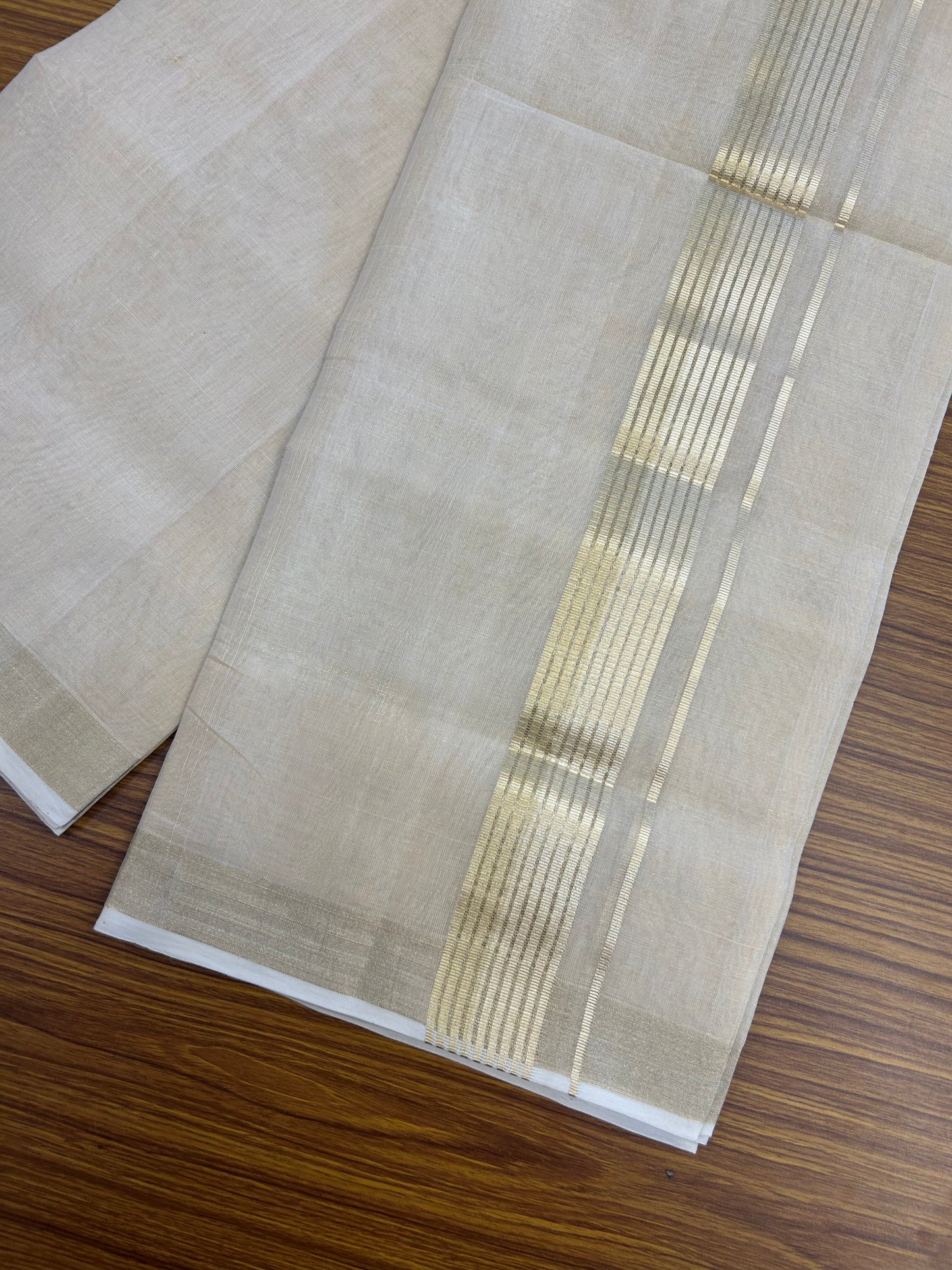 25% Discount ! KaithariKada Handloom Unakkupaav Kerala Handloom - Pure Cotton Off White - (Unbleached) Double Mundu/Dhoti - (100X80) - 1.75 inch Stipes Light Gold Kasavu Tissue Body 4 mtr (8.5 Muzham) - 33 KK5352 ABH