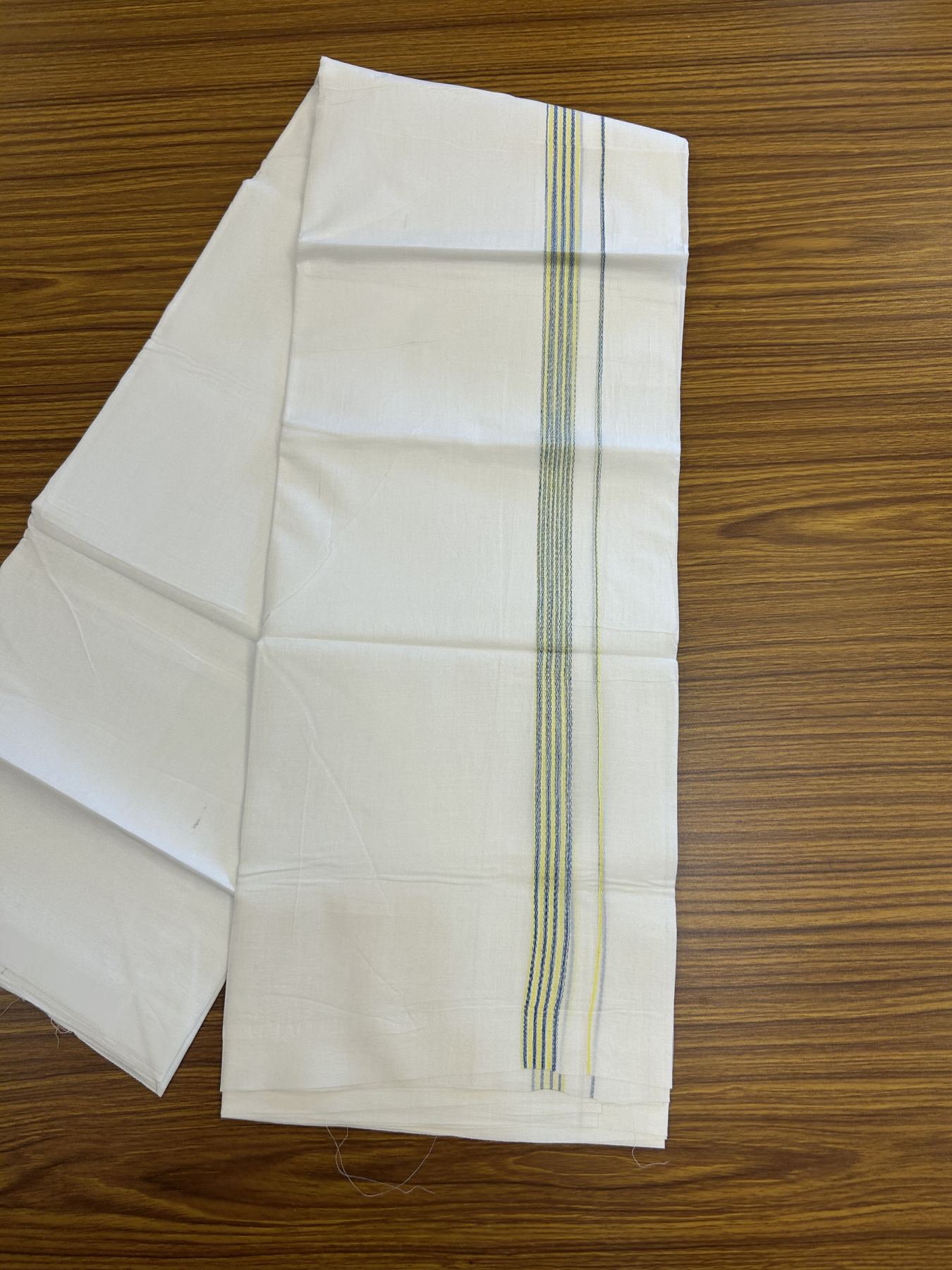 20% Discount ! Kaitharikada Balaramapuram 100% Cotton Pure White Rainbow Double Mundu/Dothi - 100x80 - 0.75 inch Fluorescent & Blue Multi colour Kara 3.80 mtr (8 muzham) - 47 KK5319 THI