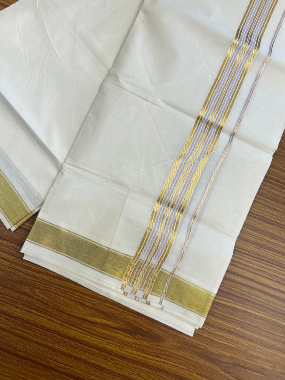20% Discount! KaithariKada Balaramapuram 100% Cotton Double Off White - (Unbleached) Mundu/Dhoti - 80x80 - 1.5 inch Kasavu & Rose Pink kasavu stripes kara - 4 mtrs - 30 KK5281 GAN