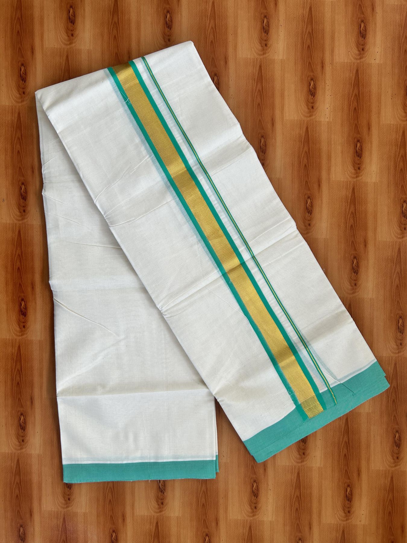 Double Off White - (Unbleached) Mundu/Dhoti - 20% Discount! KaithariKada Balaramapuram Pure Cotton - 80s - 1.25 inch Gold Kasav & Spring Green Kara - 4 mtr (8.5 Muzham) - 31 KK5416 GAN