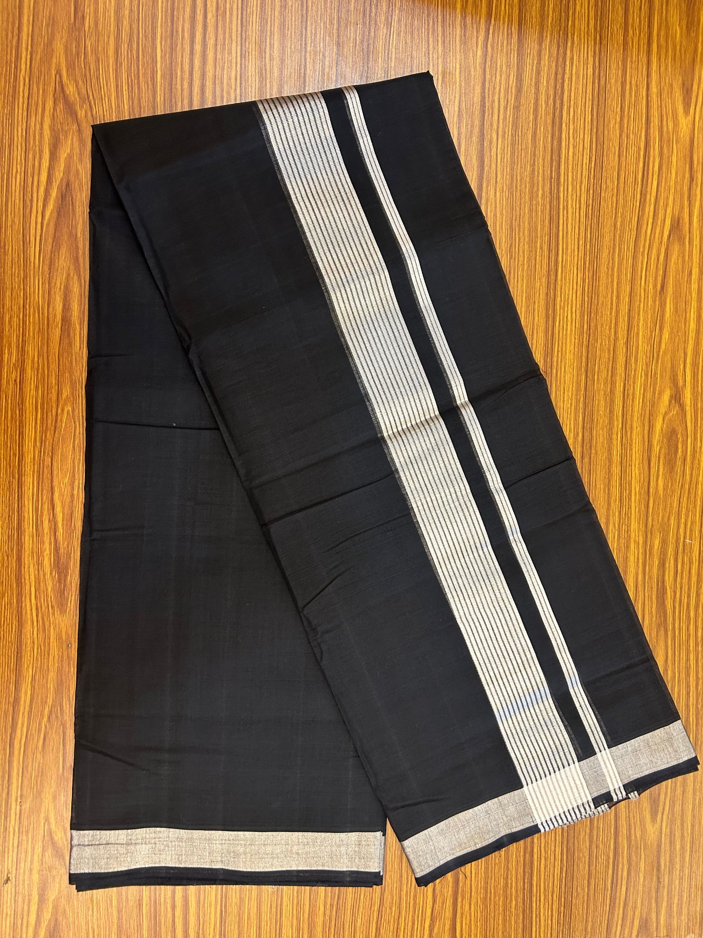 25% Discount! KaithariKada Handloom Unakkupaav - Kerala Handloom - Pure Cotton Double Mundu/Dhoti (Unbleached) - 100x80 - Black Colour Body - 1.75 inch Silver Kasav Stripes Kara - 39 KK5352 ABH