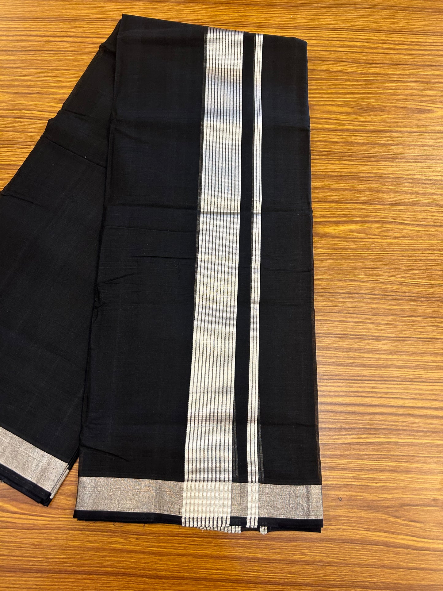 25% Discount! KaithariKada Handloom Unakkupaav - Kerala Handloom - Pure Cotton Double Mundu/Dhoti (Unbleached) - 100x80 - Black Colour Body - 1.75 inch Silver Kasav Stripes Kara - 39 KK5352 ABH