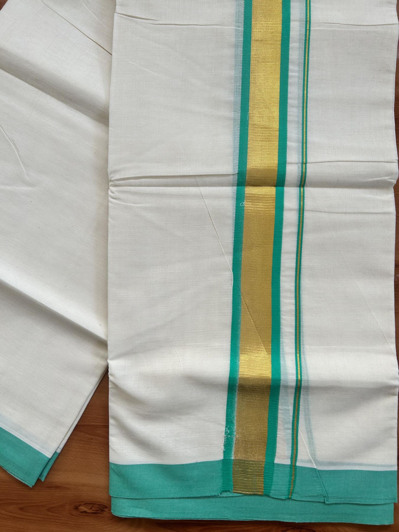 Double Off White - (Unbleached) Mundu/Dhoti - 20% Discount! KaithariKada Balaramapuram Pure Cotton - 80s - 1.25 inch Gold Kasav & Spring Green Kara - 4 mtr (8.5 Muzham) - 31 KK5416 GAN