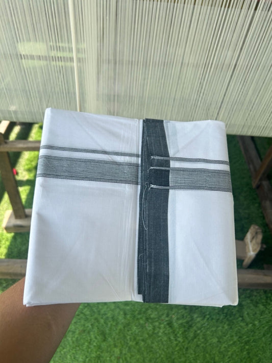 23% Discount ! KaithariKada Balaramapuram 100% Cotton Double PURE WHITE - Mundu/Dhoti- 100x80 - 1.75 inch Black Shaded Striped Kara.- 6KK5127ASH