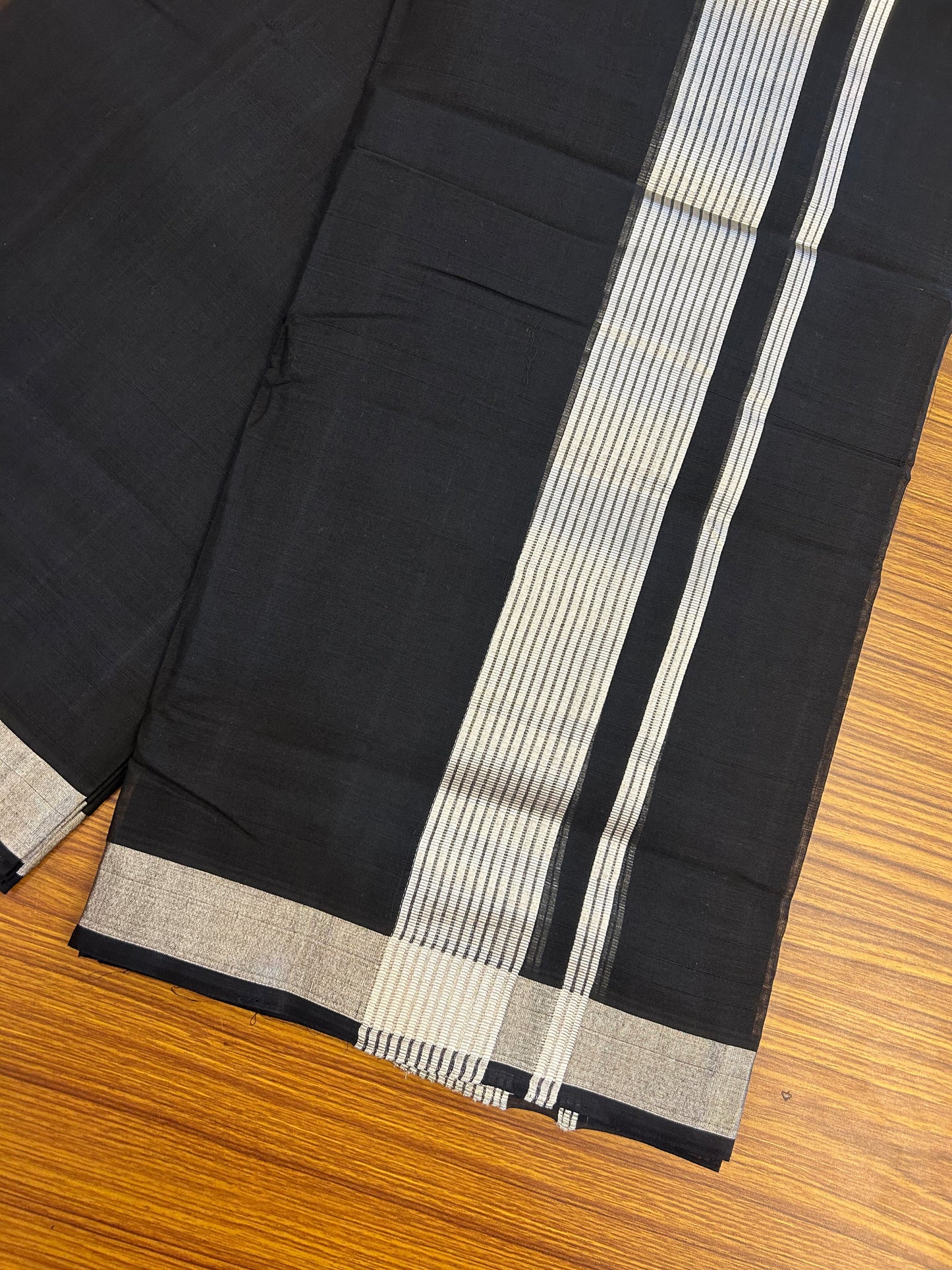 25% Discount! KaithariKada Handloom Unakkupaav - Kerala Handloom - Pure Cotton Double Mundu/Dhoti (Unbleached) - 100x80 - Black Colour Body - 1.75 inch Silver Kasav Stripes Kara - 39 KK5352 ABH