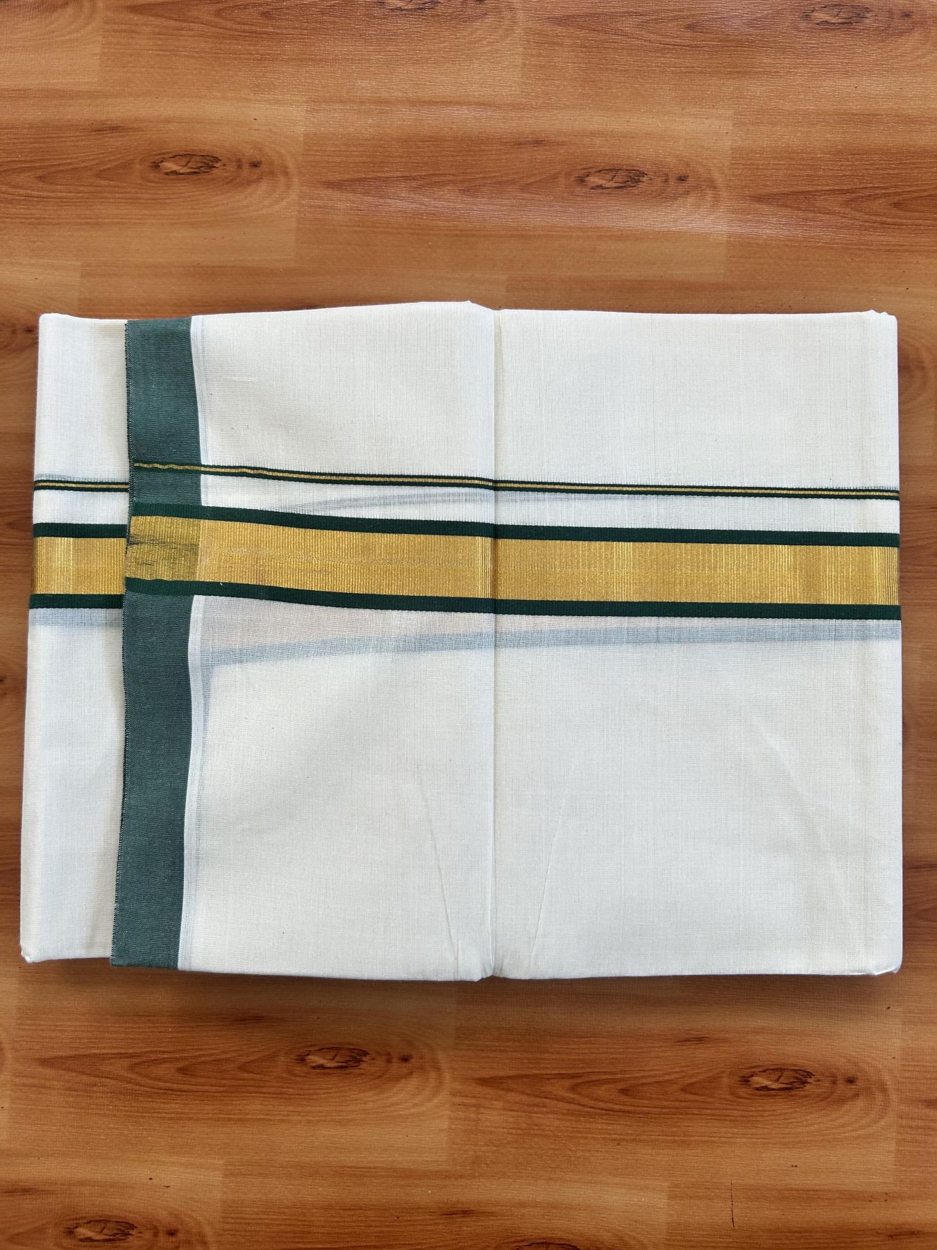 Double Off White - (Unbleached) Mundu/Dhoti - 20% Discount! KaithariKada Balaramapuram Pure Cotton - 80s - 1.25 inch Gold Kasav & Green Kara - 4 mtr (8.5 Muzham) - 28 KK5416 GAN