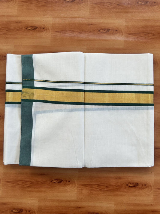 Double Off White - (Unbleached) Mundu/Dhoti - 20% Discount! KaithariKada Balaramapuram Pure Cotton - 80s - 1.25 inch Gold Kasav & Green Kara - 4 mtr (8.5 Muzham) - 28 KK5416 GAN