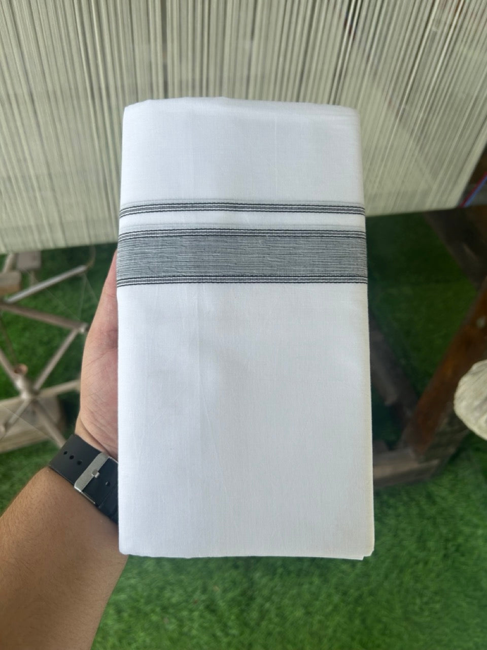 23% Discount ! KaithariKada Balaramapuram 100% Cotton Double PURE WHITE - Mundu/Dhoti- 100x80 - 1.75 inch Black Shaded Striped Kara.- 6KK5127ASH