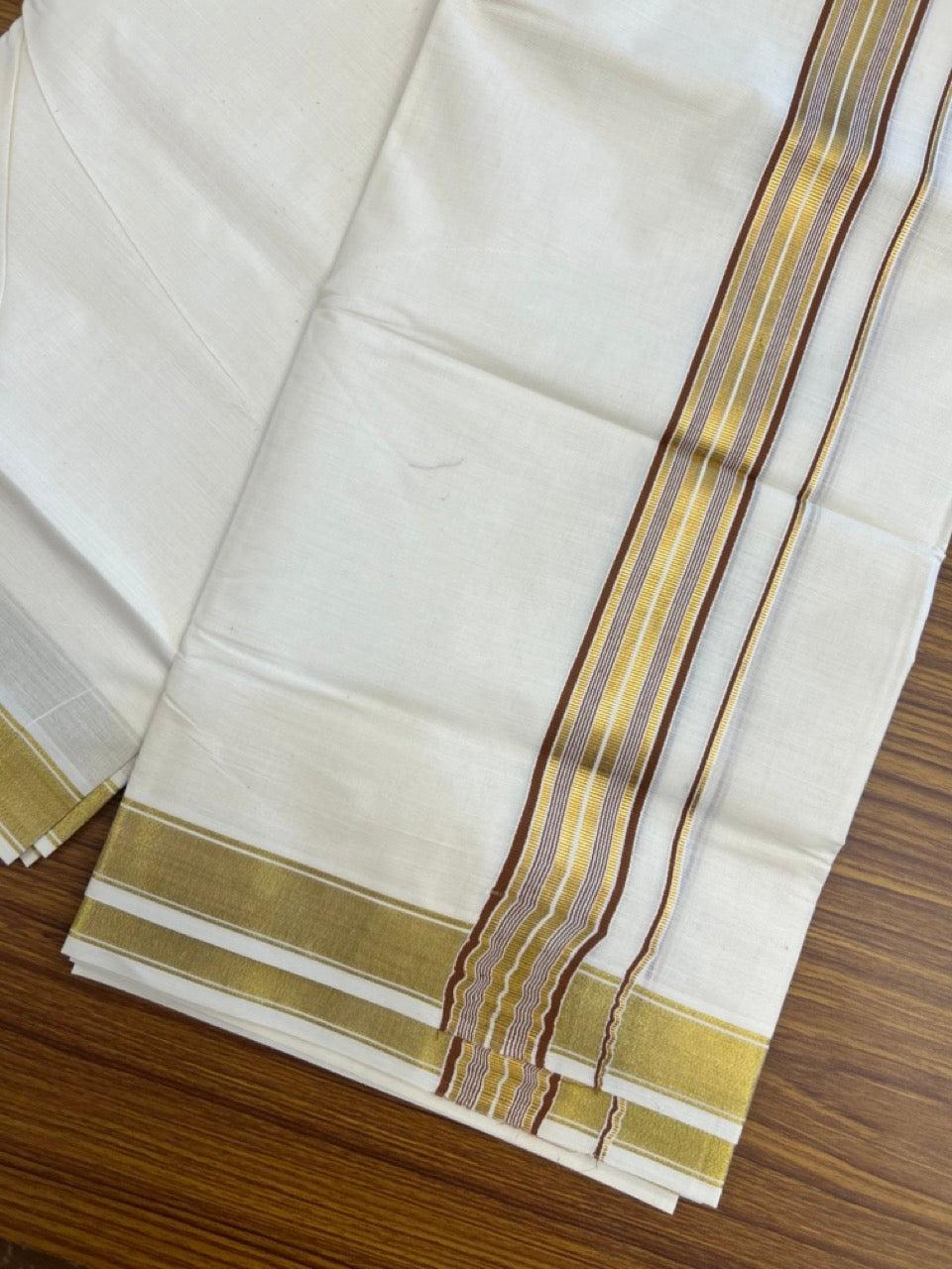 20% Discount! KaithariKada Balaramapuram 100% Cotton Double Off White - (Unbleached) Mundu/Dhoti - 80x80 - 1.5 inch Kasavu & Brown stripes kara - 4 mtrs - 22 KK5281 GAN
