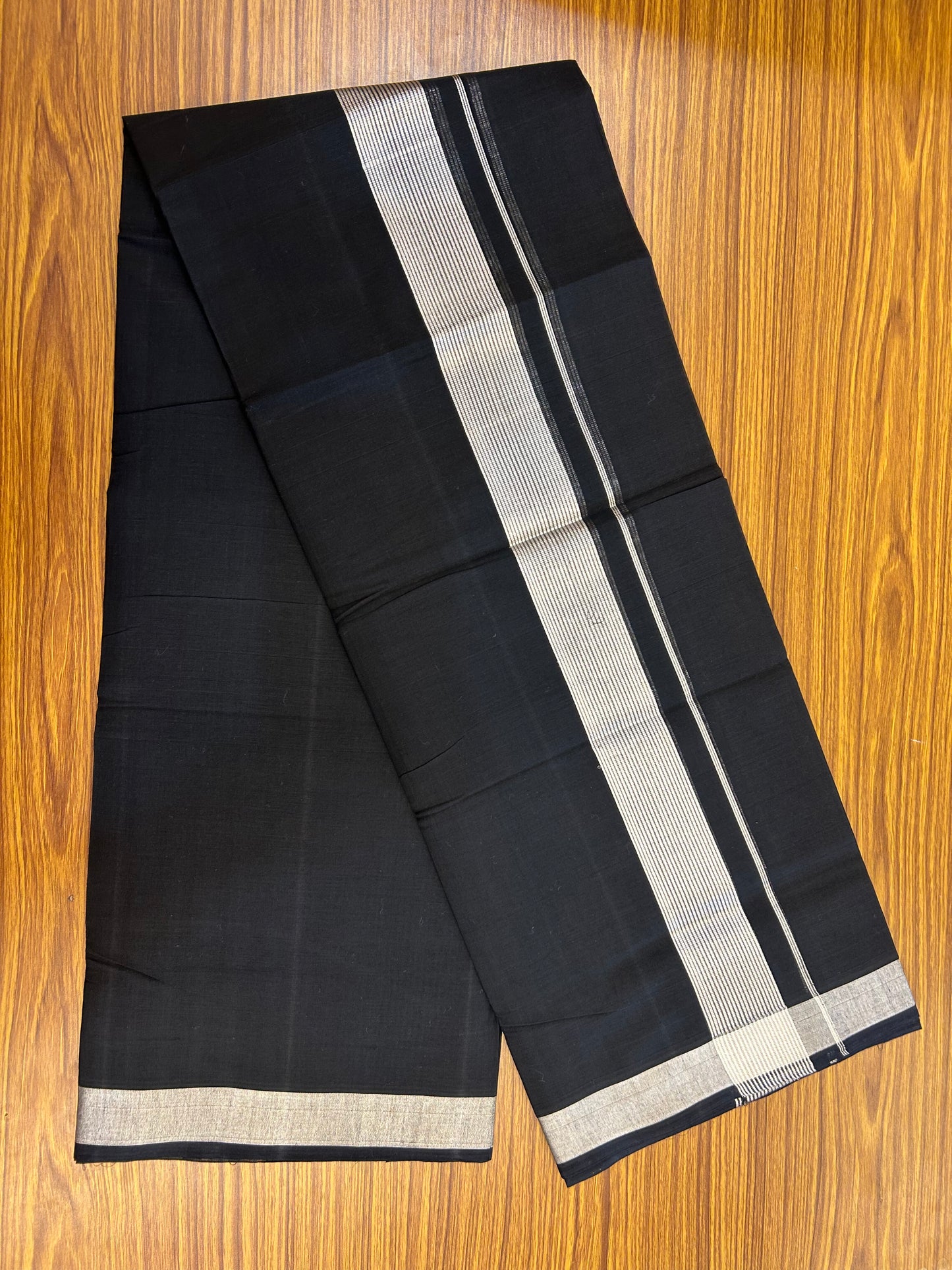 25% Discount! KaithariKada Handloom Unakkupaav - Kerala Handloom - Pure Cotton Double Mundu/Dhoti (Unbleached) - 100x80 - Black Colour Body - 1.75 inch Silver Kasav Stripes Kara - 36 KK5352 ABH