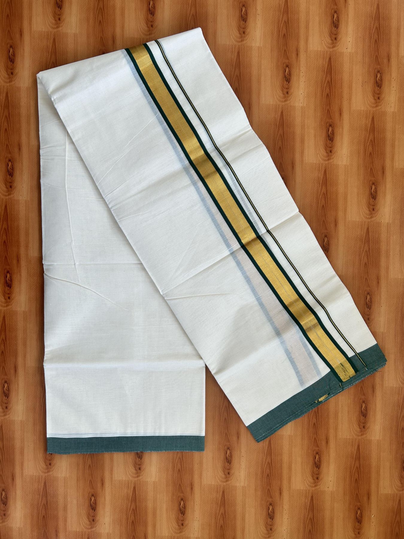 Double Off White - (Unbleached) Mundu/Dhoti - 20% Discount! KaithariKada Balaramapuram Pure Cotton - 80s - 1.25 inch Gold Kasav & Green Kara - 4 mtr (8.5 Muzham) - 28 KK5416 GAN