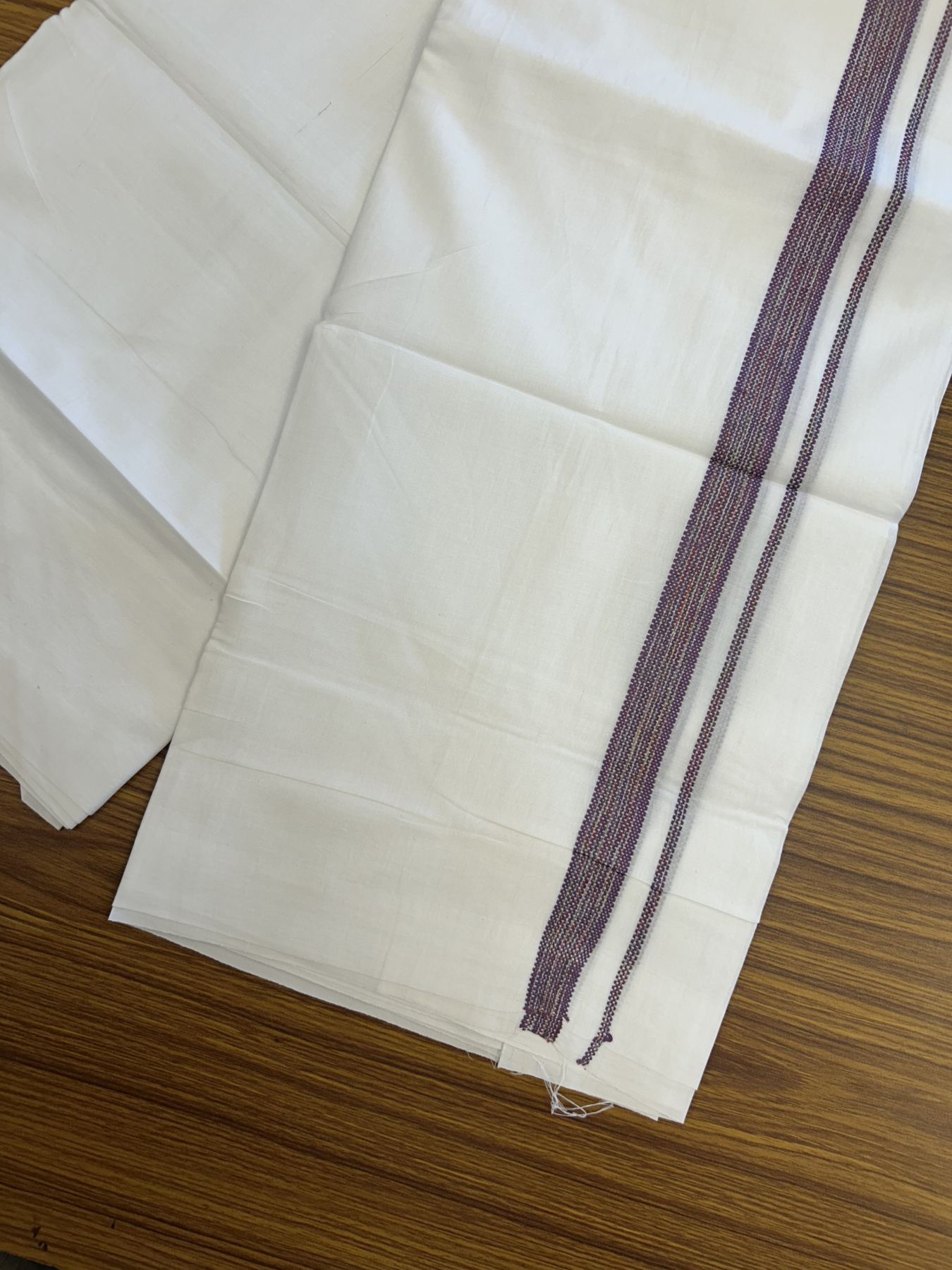 20% Discount ! Kaitharikada Balaramapuram 100% Cotton Pure White Rainbow Double Mundu/Dothi - 100x80 - 0.75 inch Purple & Multi colour Kara 3.80 mtr (8 muzham) - 48 KK5319 THI