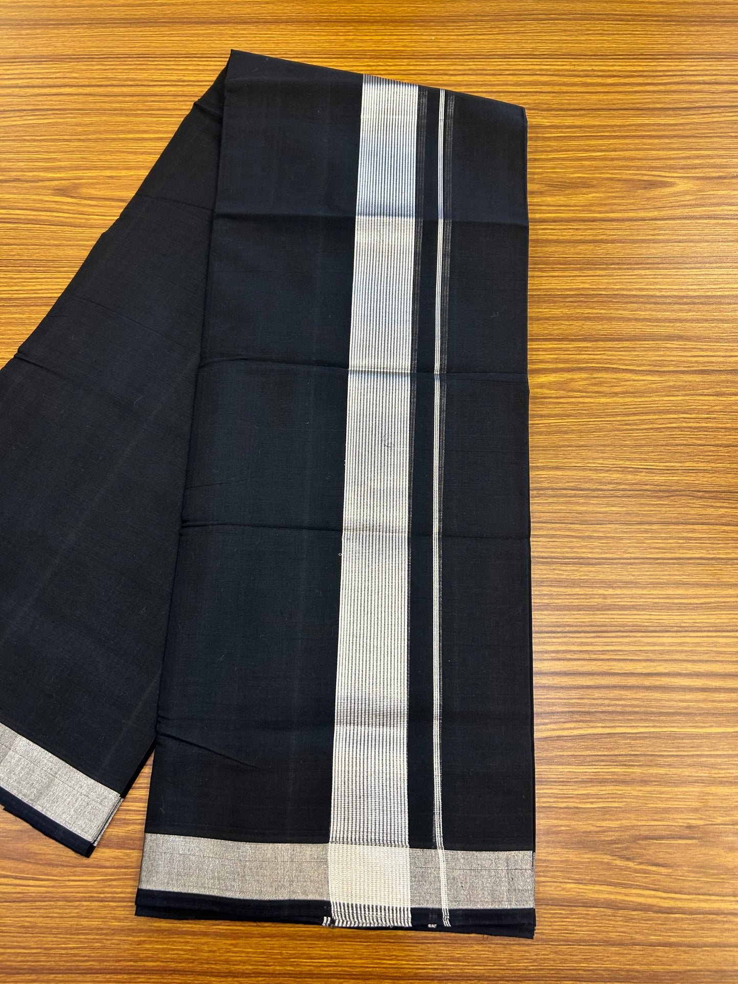 25% Discount! KaithariKada Handloom Unakkupaav - Kerala Handloom - Pure Cotton Double Mundu/Dhoti (Unbleached) - 100x80 - Black Colour Body - 1.75 inch Silver Kasav Stripes Kara - 36 KK5352 ABH