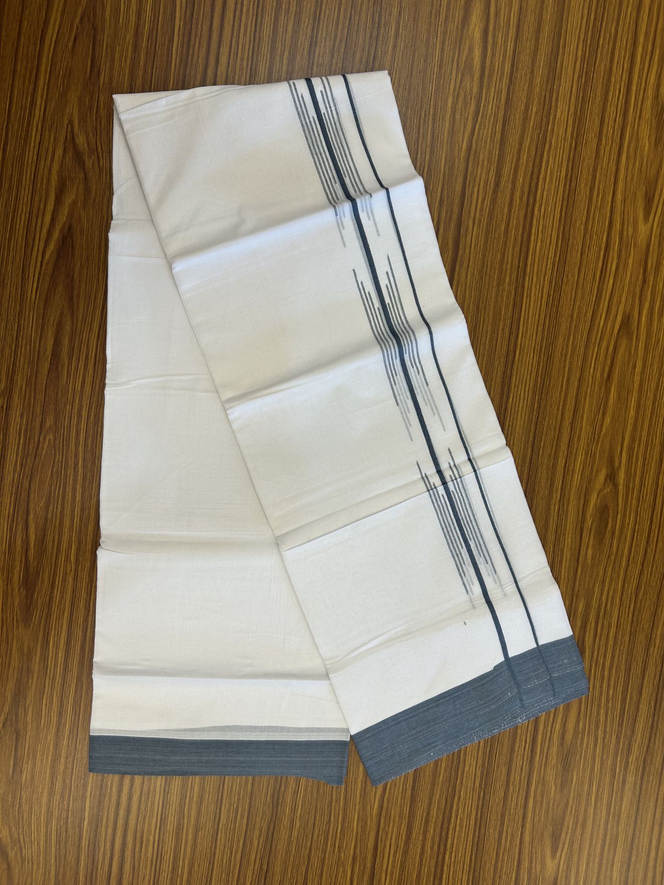 20% Discount ! Kaitharikada Balaramapuram 100% Cotton Pure White Double Mundu/Dothi - 100x80 - 1.5 inch Ash Blue Stripes Design Kara 3.80 mtr (8 muzham) - 11 KK5319 THI