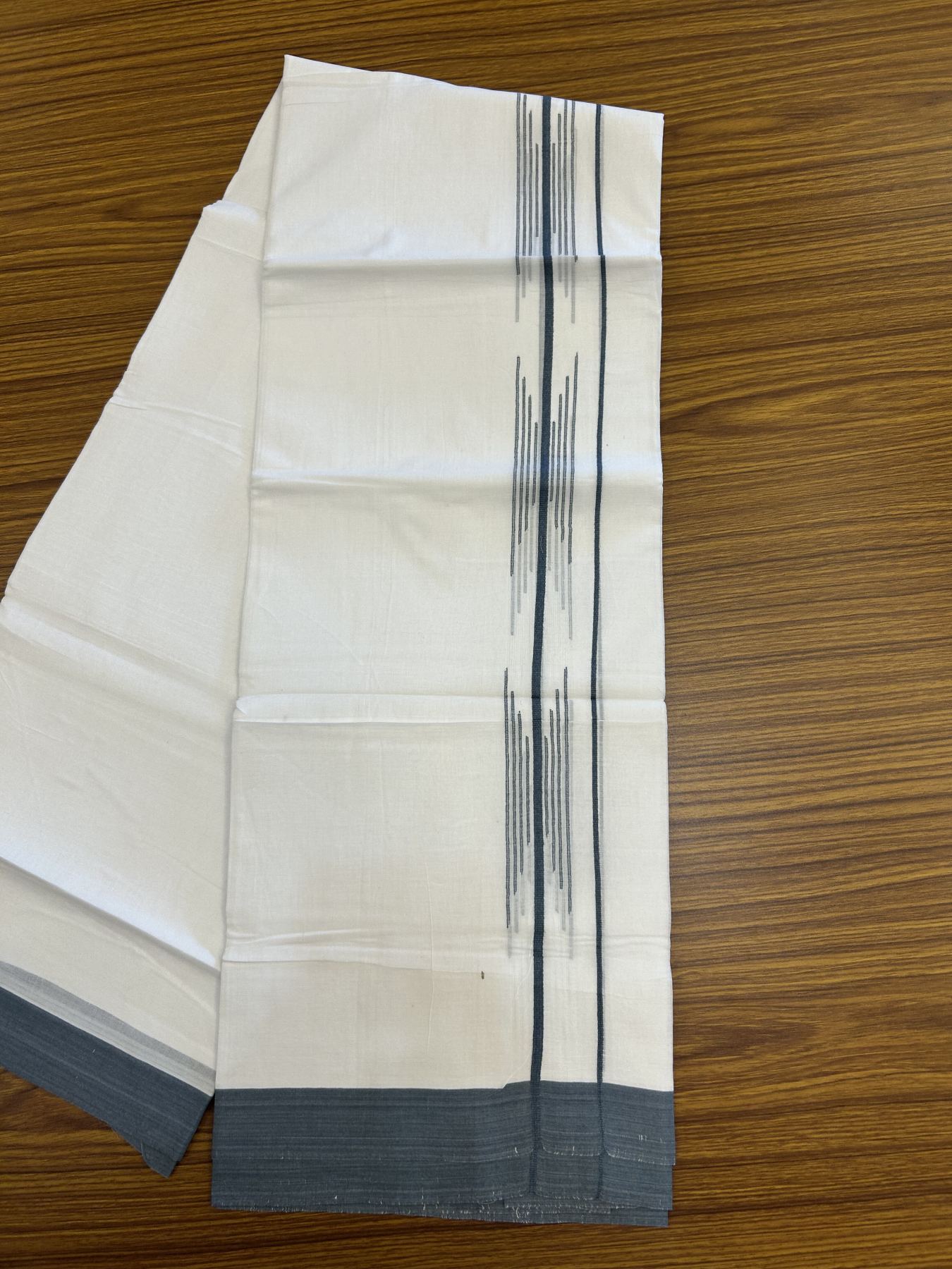 20% Discount ! Kaitharikada Balaramapuram 100% Cotton Pure White Double Mundu/Dothi - 100x80 - 1.5 inch Ash Blue Stripes Design Kara 3.80 mtr (8 muzham) - 11 KK5319 THI