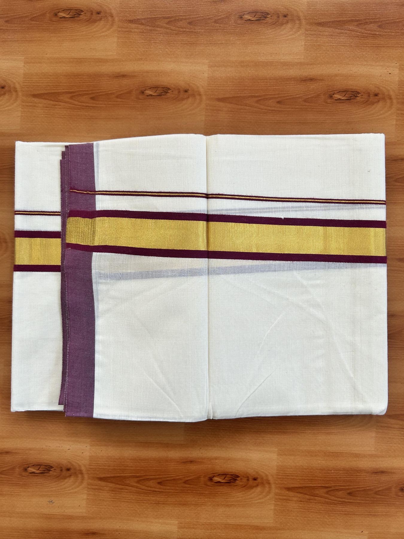 Double Off White - (Unbleached) Mundu/Dhoti - 20% Discount! KaithariKada Balaramapuram Pure Cotton - 80s - 1.25 inch Gold Kasav & Burgundy Kara - 4 mtr (8.5 Muzham) - 34 KK5416 GAN