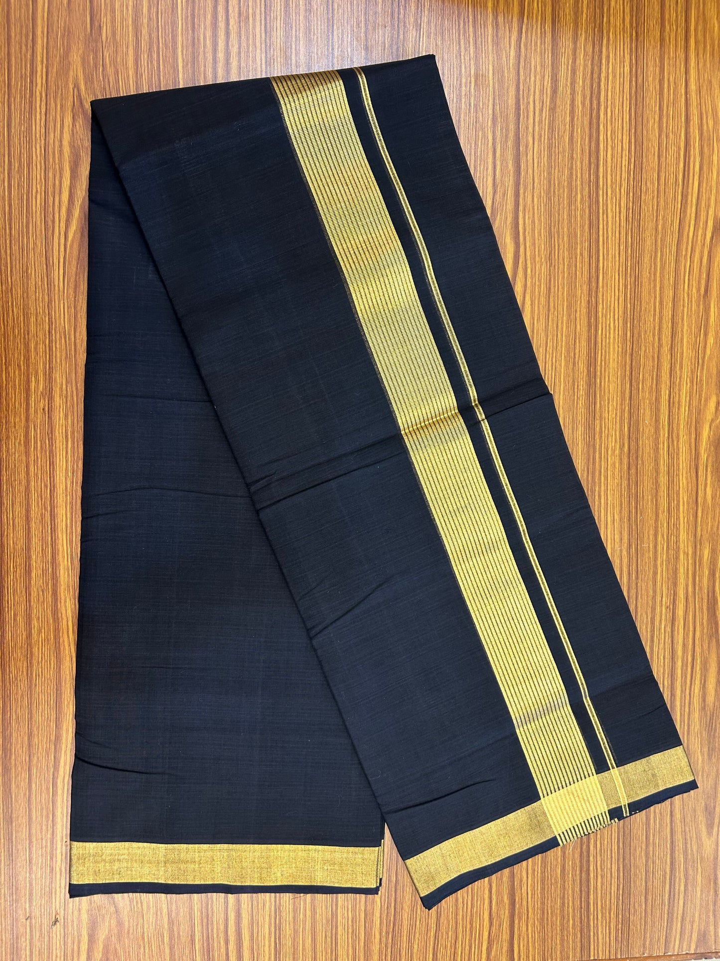 25% Discount! KaithariKada Handloom Unakkupaav - Kerala Handloom - Pure Cotton Double Mundu/Dhoti (Unbleached) - 100x80 - Black Colour Body - 1.75 inch Gold Kasav Stripes Kara - 38 KK5352 ABH