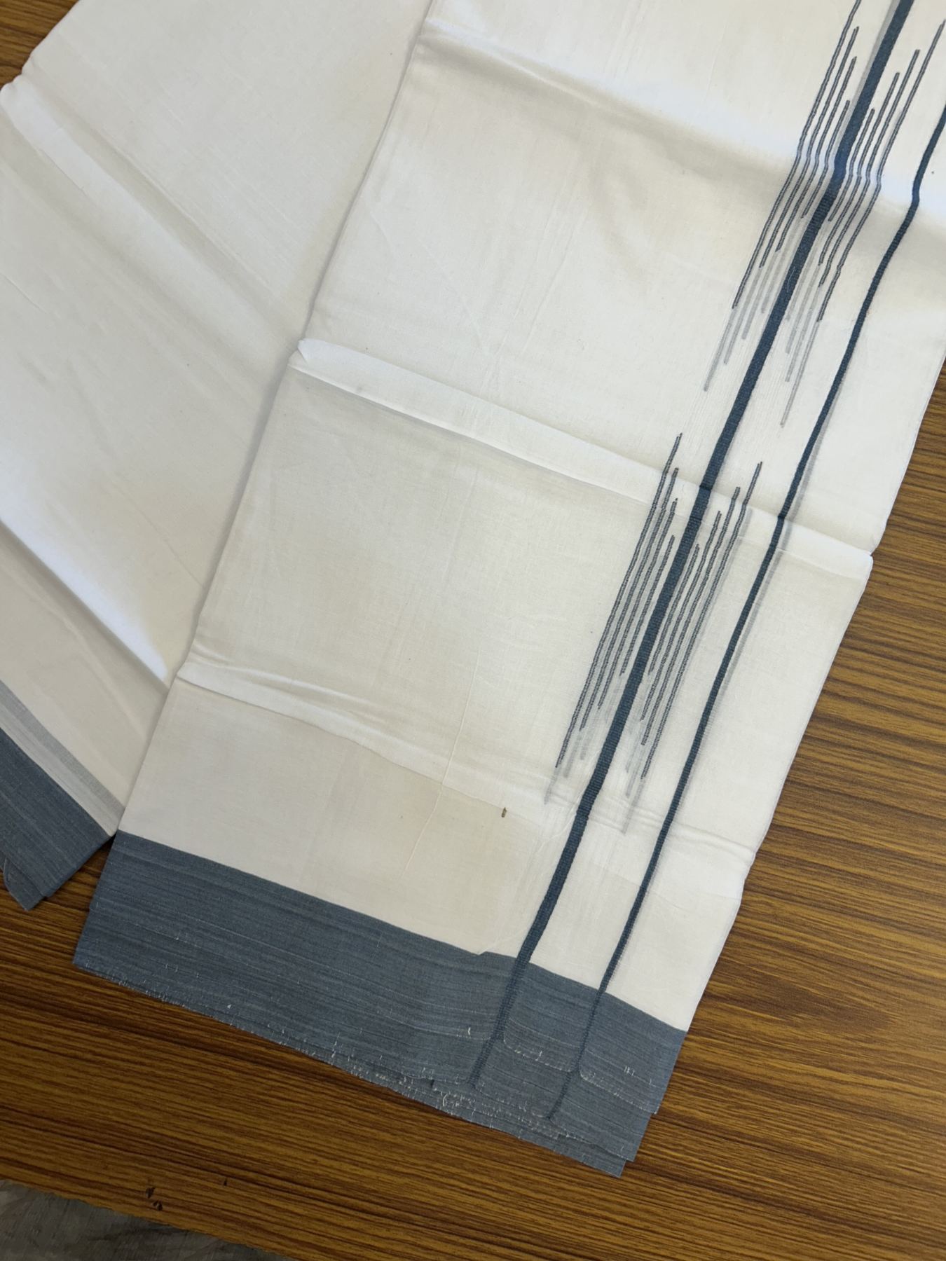 20% Discount ! Kaitharikada Balaramapuram 100% Cotton Pure White Double Mundu/Dothi - 100x80 - 1.5 inch Ash Blue Stripes Design Kara 3.80 mtr (8 muzham) - 11 KK5319 THI