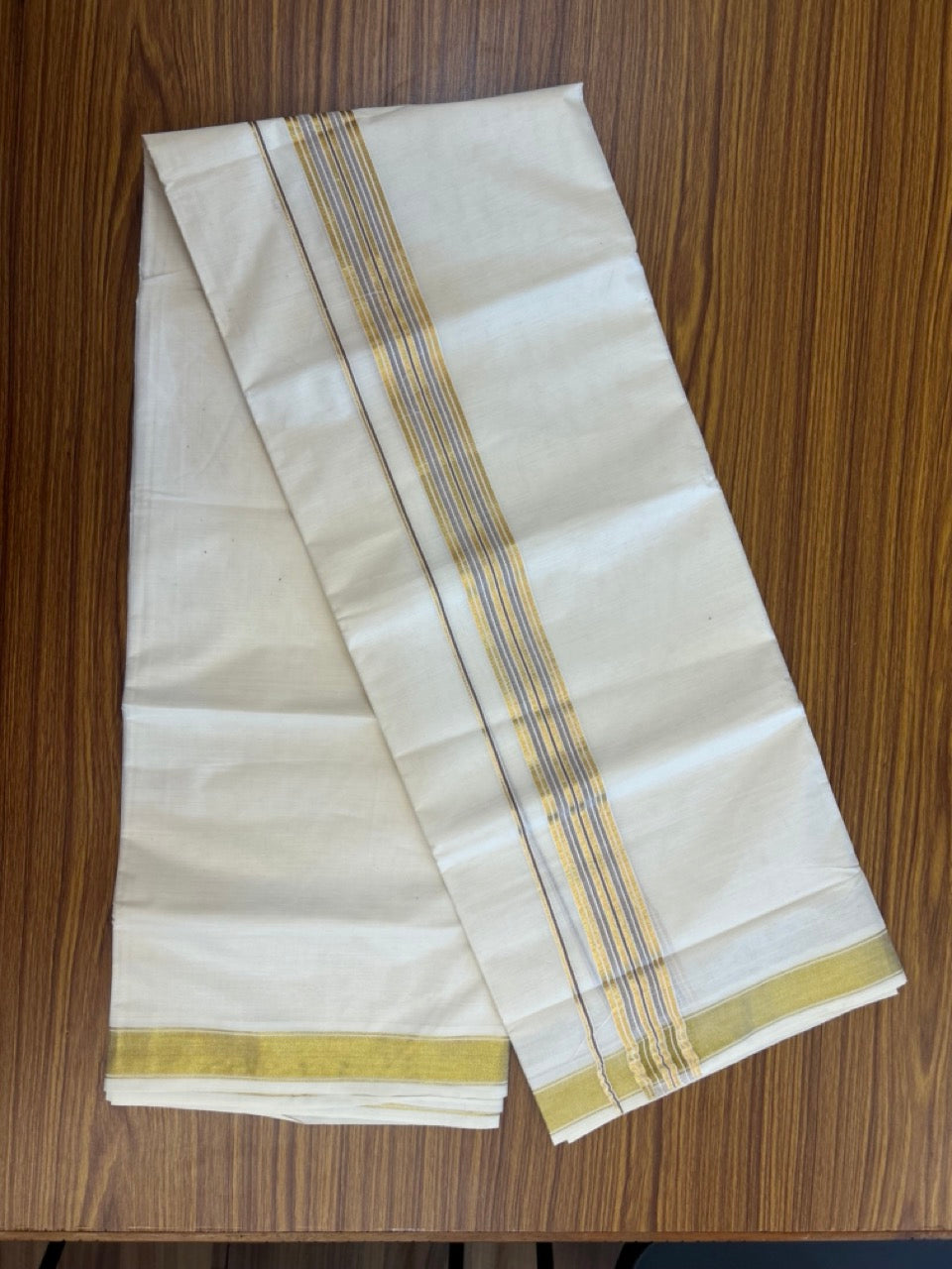 20% Discount! KaithariKada Balaramapuram 100% Cotton Double Off White - (Unbleached) Mundu/Dhoti - 80x80 - 1.5 inch Kasavu & Brown shaded stripes kara - 4 mtrs - 26 KK5281 GAN