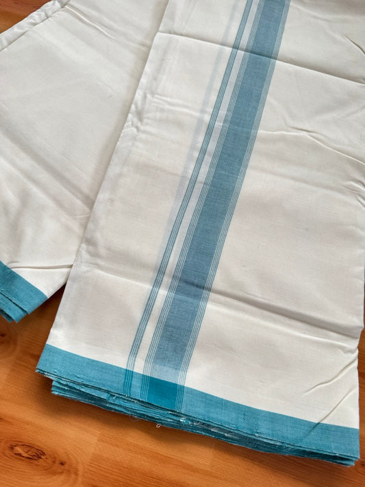 Double Off white -(2/ 120 x 120)- Kerala Handloom - Signature Kaitharikada - 100% Pure Cotton Unakkuppav Thread - Kerala Mundu / Dhoti - 1.75 inch Green Striped Kara - 1 KK5492 KAL