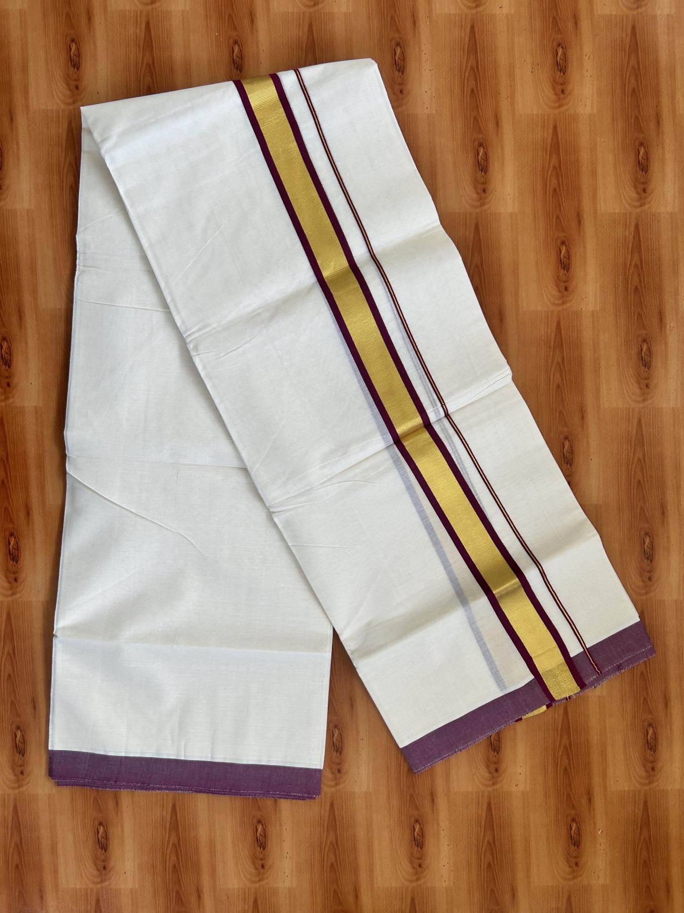 Double Off White - (Unbleached) Mundu/Dhoti - 20% Discount! KaithariKada Balaramapuram Pure Cotton - 80s - 1.25 inch Gold Kasav & Burgundy Kara - 4 mtr (8.5 Muzham) - 34 KK5416 GAN