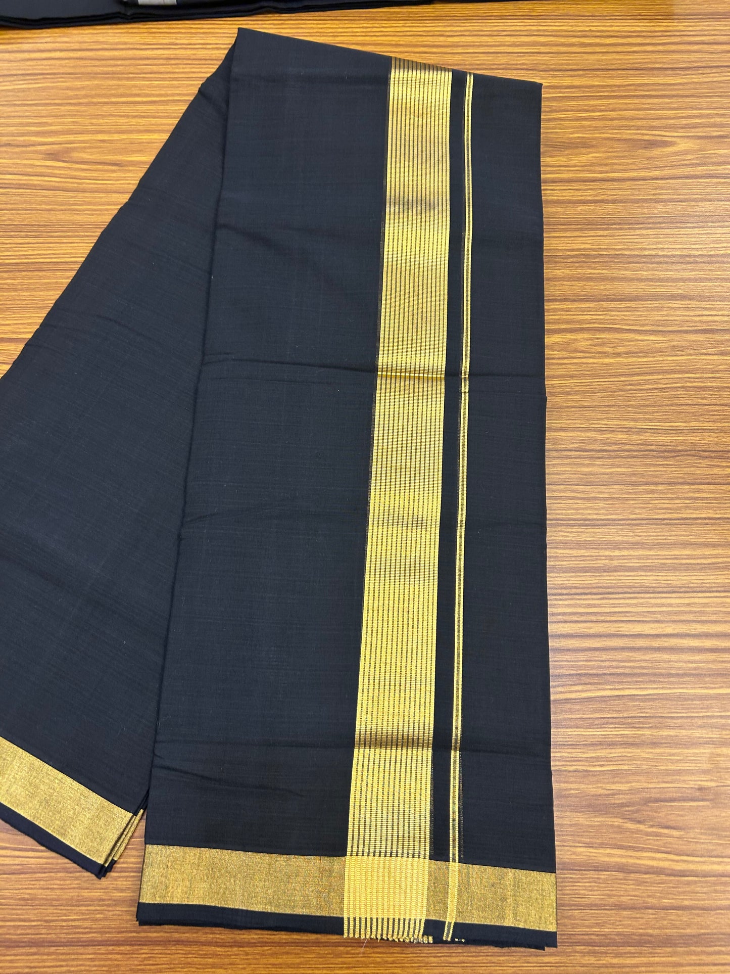 25% Discount! KaithariKada Handloom Unakkupaav - Kerala Handloom - Pure Cotton Double Mundu/Dhoti (Unbleached) - 100x80 - Black Colour Body - 1.75 inch Gold Kasav Stripes Kara - 38 KK5352 ABH