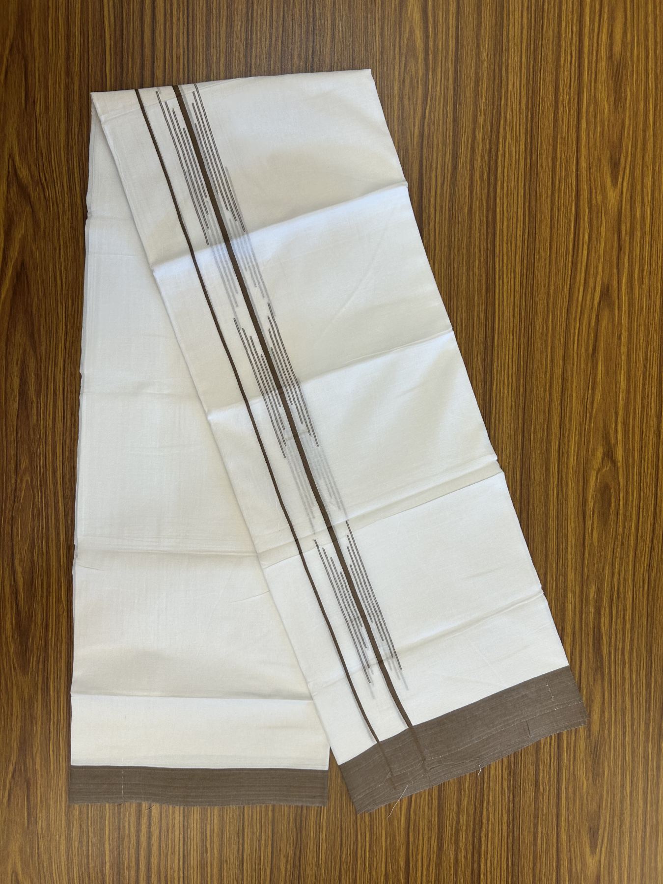 20% Discount ! Kaitharikada Balaramapuram 100% Cotton Pure White Double Mundu/Dothi - 100x80 - 1.5 inch Brown Stripes Design Kara 3.80 mtr (8 muzham) - 14 KK5319 THI