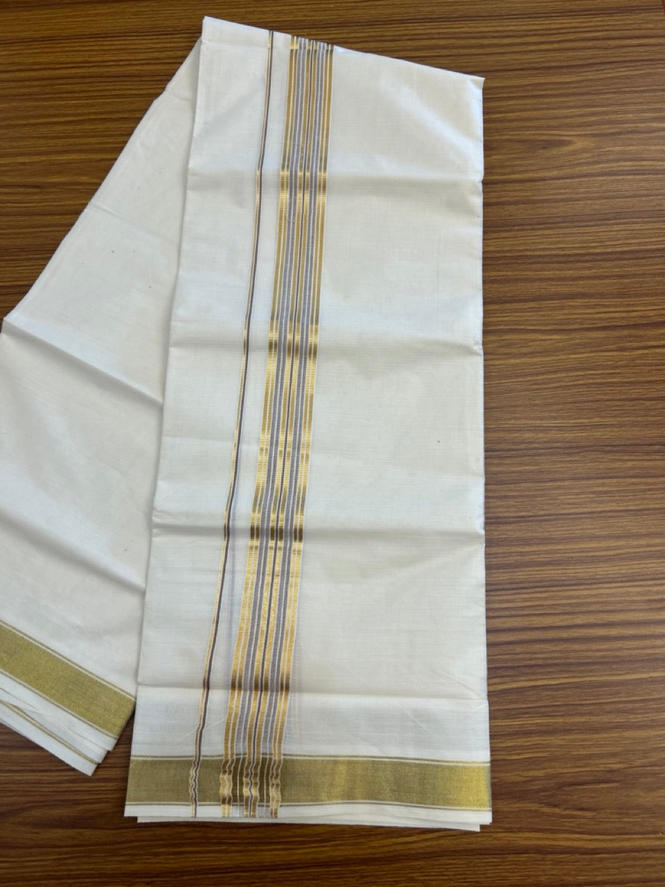20% Discount! KaithariKada Balaramapuram 100% Cotton Double Off White - (Unbleached) Mundu/Dhoti - 80x80 - 1.5 inch Kasavu & Brown shaded stripes kara - 4 mtrs - 26 KK5281 GAN