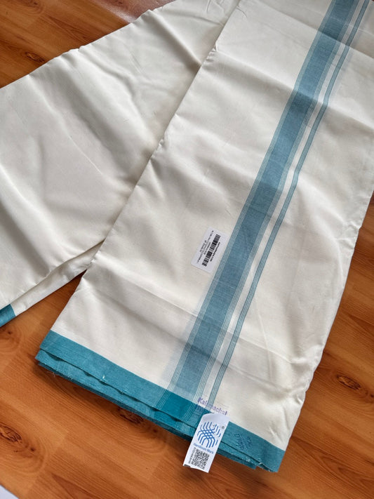 Double Off white -(2/ 120 x 120)- Kerala Handloom - Signature Kaitharikada - 100% Pure Cotton Unakkuppav Thread - Kerala Mundu / Dhoti - 1.75 inch Green Striped Kara - 1 KK5492 KAL