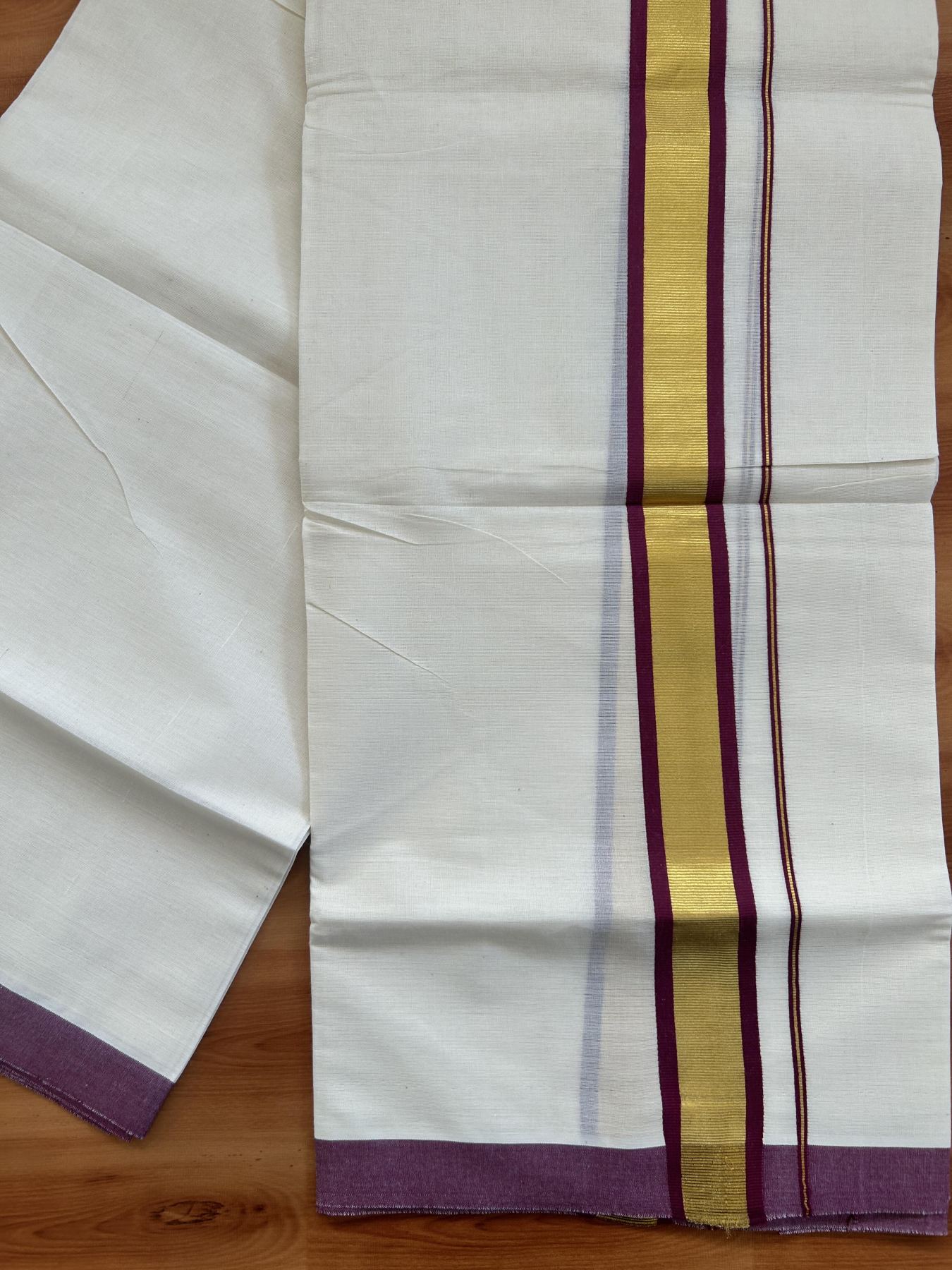 Double Off White - (Unbleached) Mundu/Dhoti - 20% Discount! KaithariKada Balaramapuram Pure Cotton - 80s - 1.25 inch Gold Kasav & Burgundy Kara - 4 mtr (8.5 Muzham) - 34 KK5416 GAN