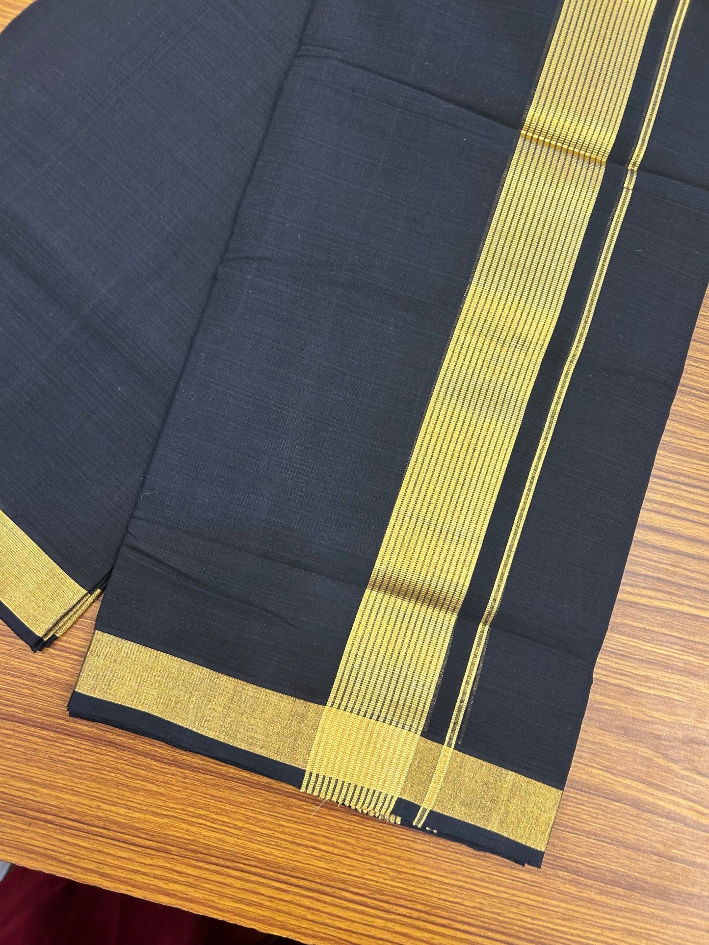 25% Discount! KaithariKada Handloom Unakkupaav - Kerala Handloom - Pure Cotton Double Mundu/Dhoti (Unbleached) - 100x80 - Black Colour Body - 1.75 inch Gold Kasav Stripes Kara - 38 KK5352 ABH