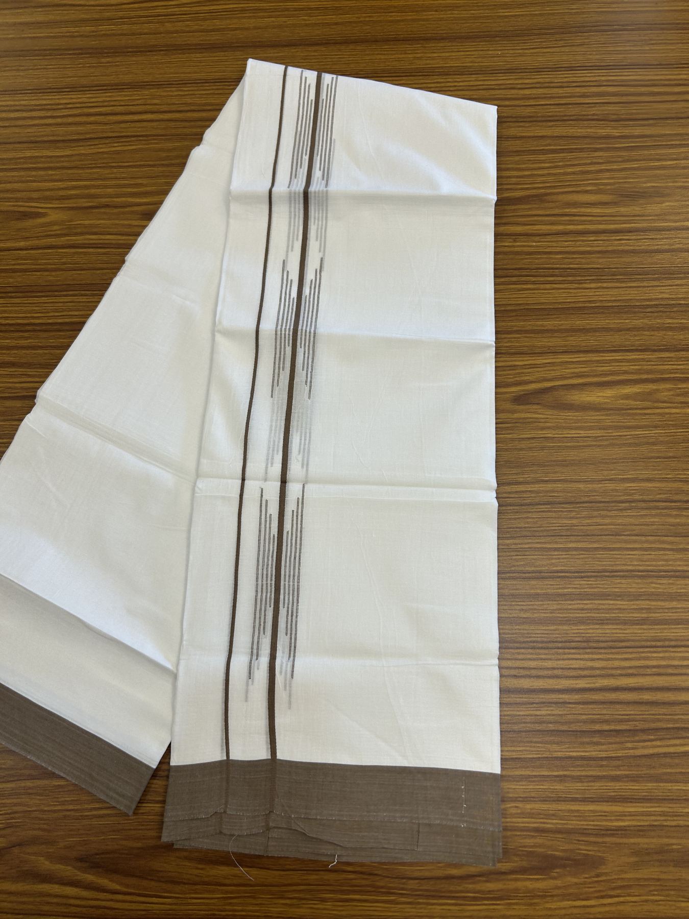 20% Discount ! Kaitharikada Balaramapuram 100% Cotton Pure White Double Mundu/Dothi - 100x80 - 1.5 inch Brown Stripes Design Kara 3.80 mtr (8 muzham) - 14 KK5319 THI
