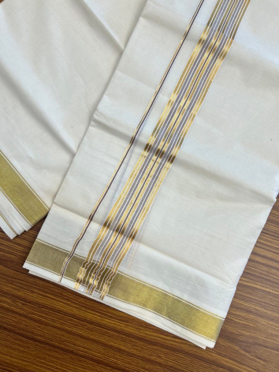 20% Discount! KaithariKada Balaramapuram 100% Cotton Double Off White - (Unbleached) Mundu/Dhoti - 80x80 - 1.5 inch Kasavu & Brown shaded stripes kara - 4 mtrs - 26 KK5281 GAN