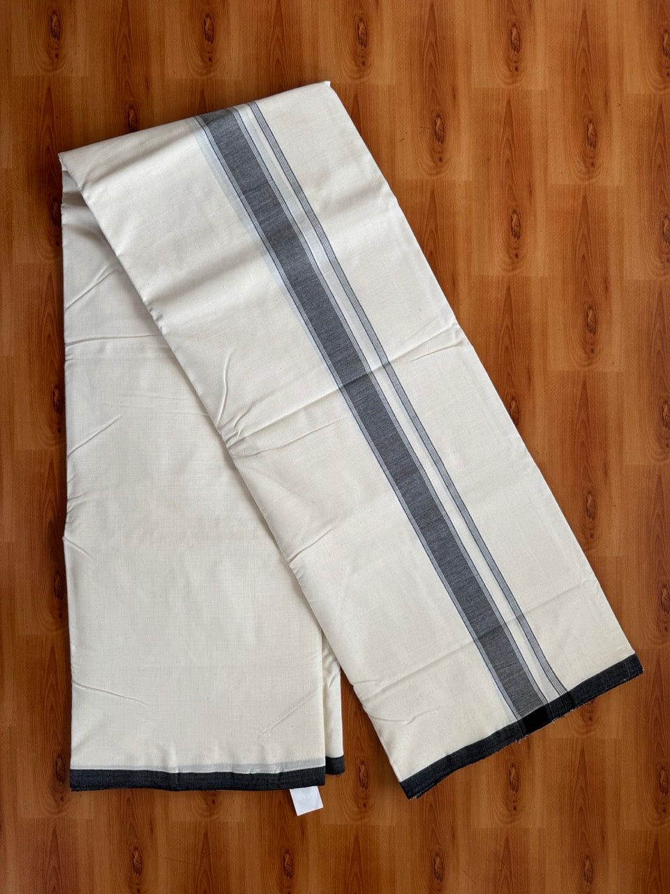 Double Off white -(2/ 120 x 120)- Kerala Handloom - Signature Kaitharikada - 100% Pure Cotton Unakkuppav Thread - Kerala Mundu / Dhoti - 2 inch Ash Black Striped Kara - 2 kk5492 kal
