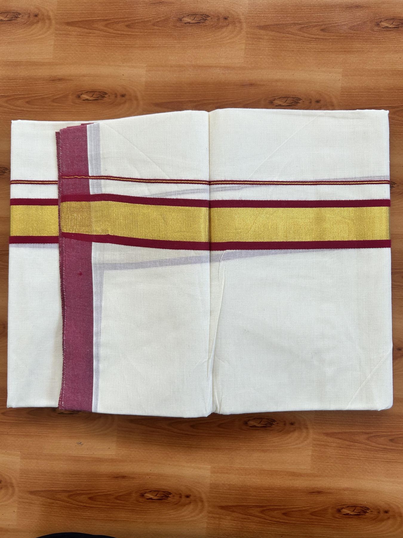 Double Off White - (Unbleached) Mundu/Dhoti - 20% Discount! KaithariKada Balaramapuram Pure Cotton - 80s - 1.25 inch Gold Kasav & Maroon Kara - 4 mtr (8.5 Muzham) - 33 KK5416 GAN