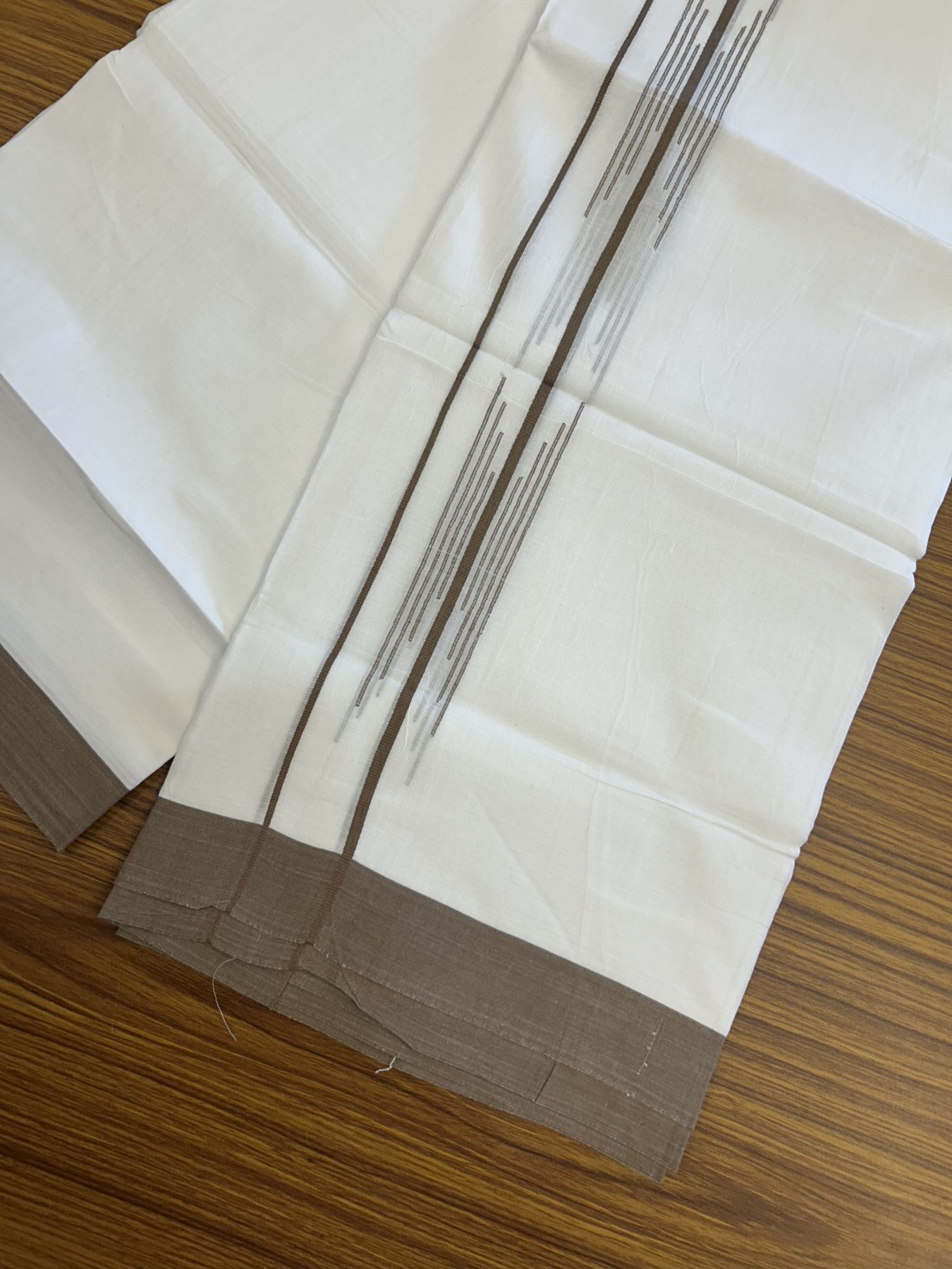20% Discount ! Kaitharikada Balaramapuram 100% Cotton Pure White Double Mundu/Dothi - 100x80 - 1.5 inch Brown Stripes Design Kara 3.80 mtr (8 muzham) - 14 KK5319 THI