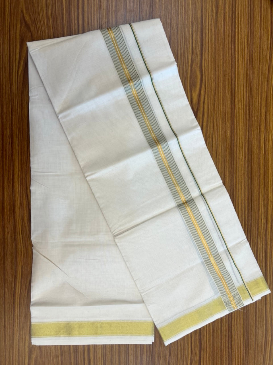 20% Discount! KaithariKada Balaramapuram 100% Cotton Double Off White - (Unbleached) Mundu/Dhoti - 80x80 - 1.5 inch Kasavu & Green stripes kara - 4 mtrs - 27 KK5281 GAN