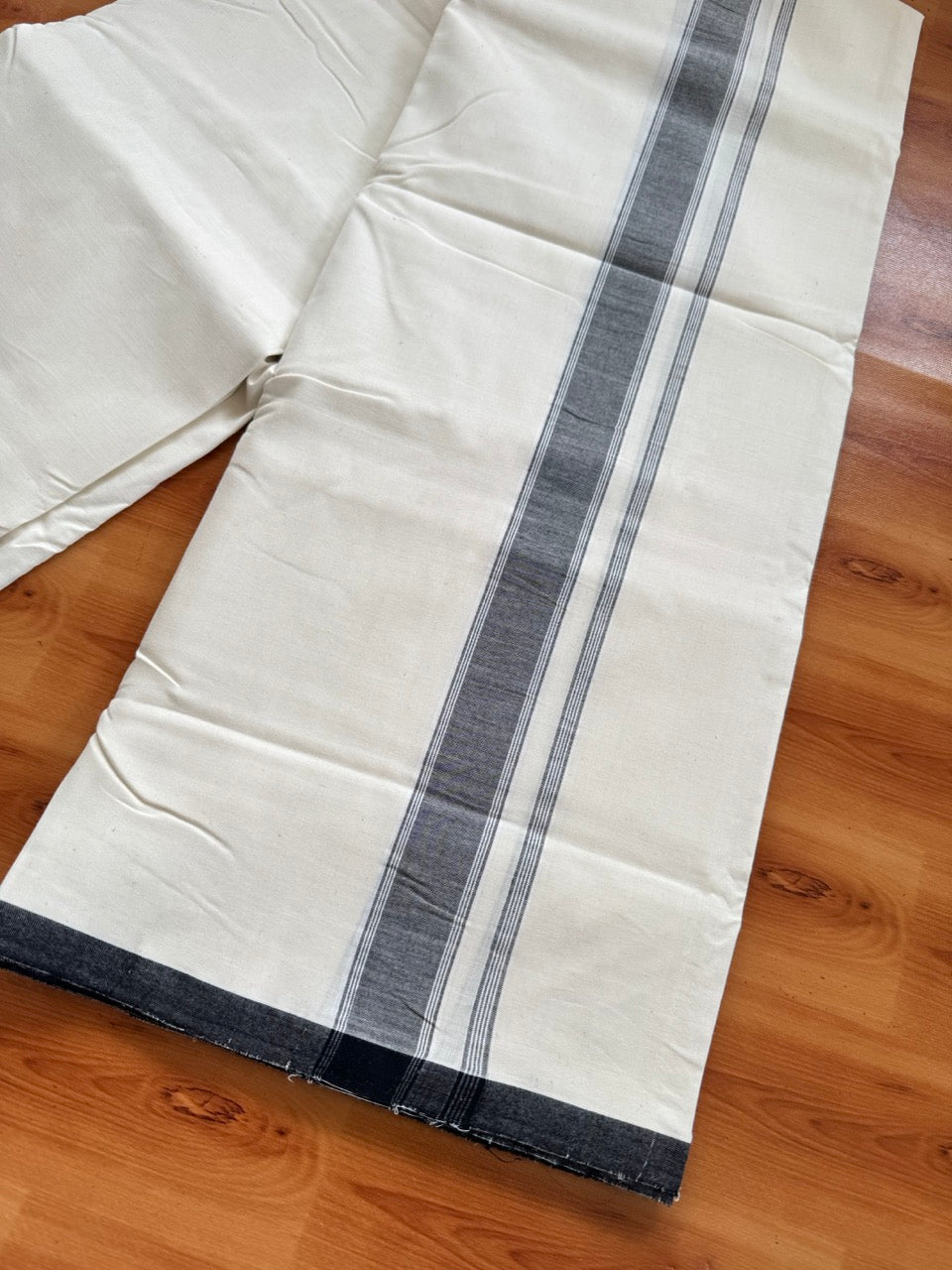 Double Off white -(2/ 120 x 120)- Kerala Handloom - Signature Kaitharikada - 100% Pure Cotton Unakkuppav Thread - Kerala Mundu / Dhoti - 2 inch Ash Black Striped Kara - 2 kk5492 kal