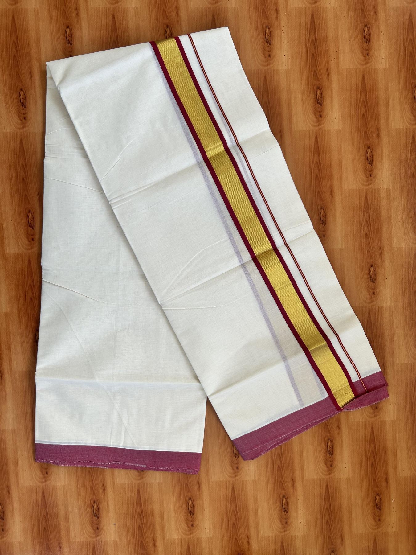 Double Off White - (Unbleached) Mundu/Dhoti - 20% Discount! KaithariKada Balaramapuram Pure Cotton - 80s - 1.25 inch Gold Kasav & Maroon Kara - 4 mtr (8.5 Muzham) - 33 KK5416 GAN